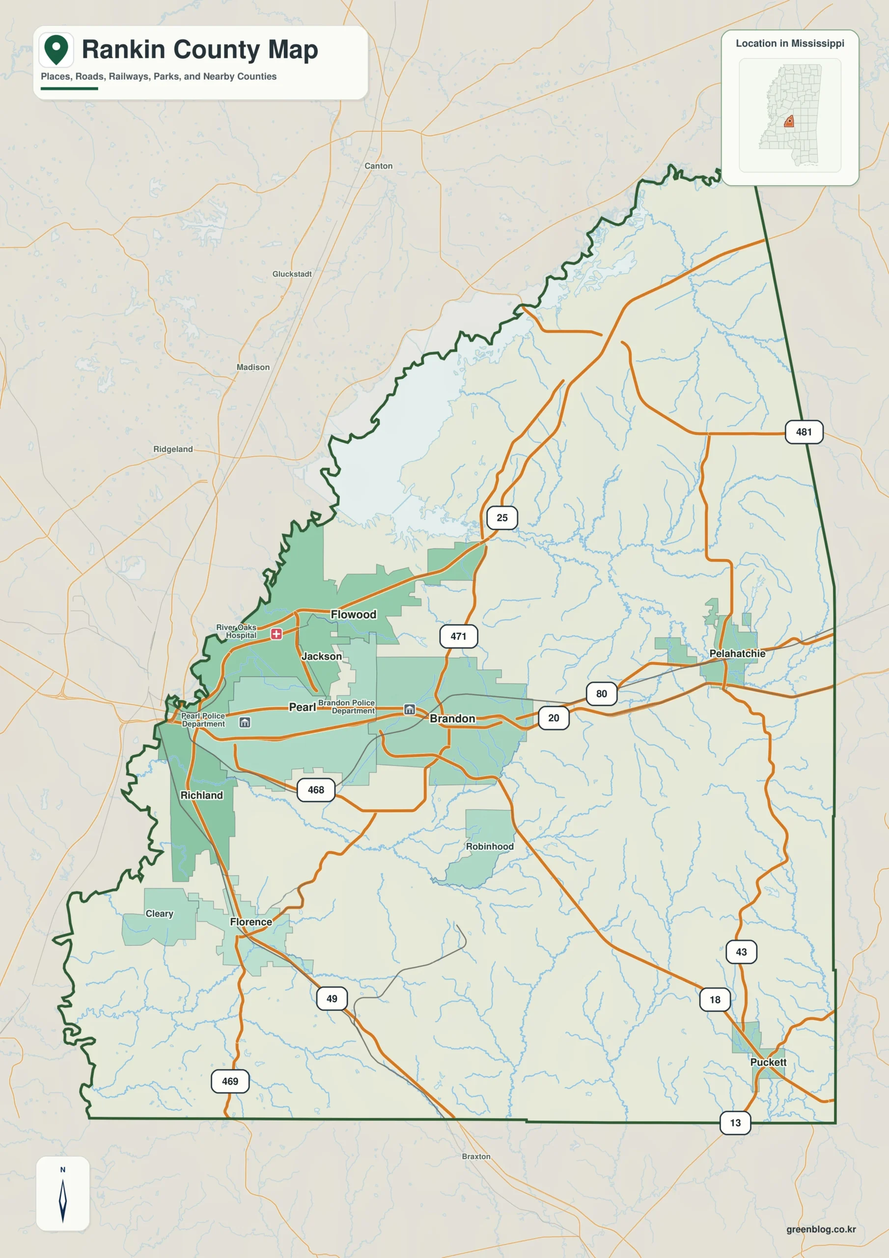 Rankin County Mississippi map showing Brandon, selected communities, roads, and landscape features