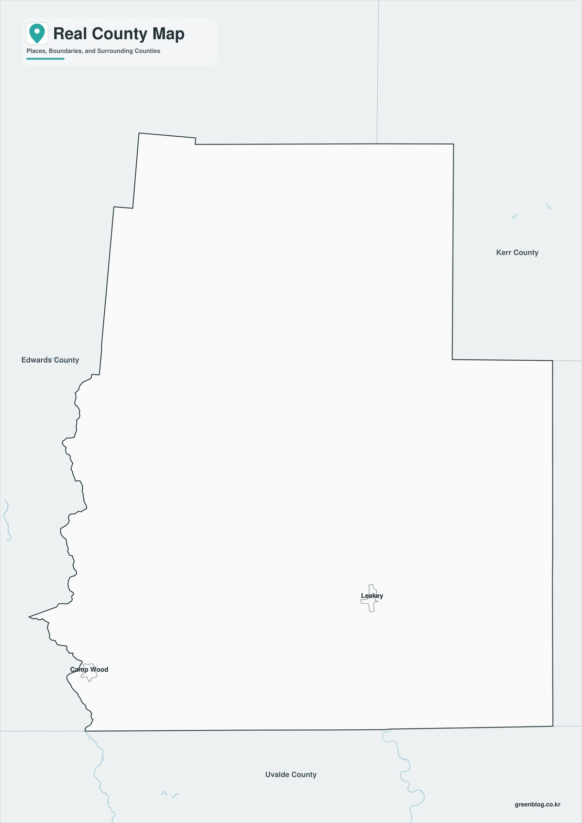 Black-and-white Real County map with selected communities and boundary lines