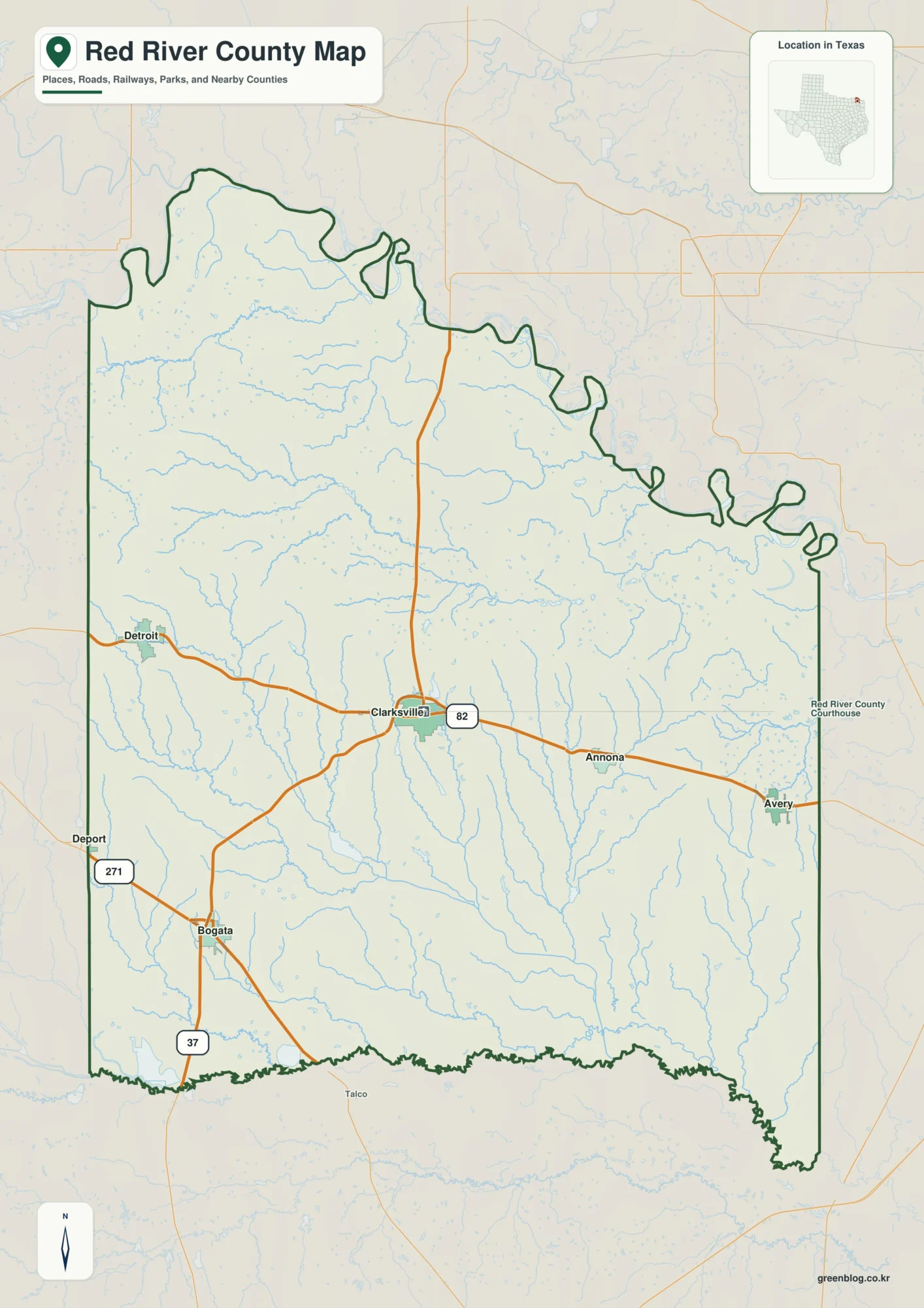 Red River County Texas map showing Clarksville, Bogata, Detroit