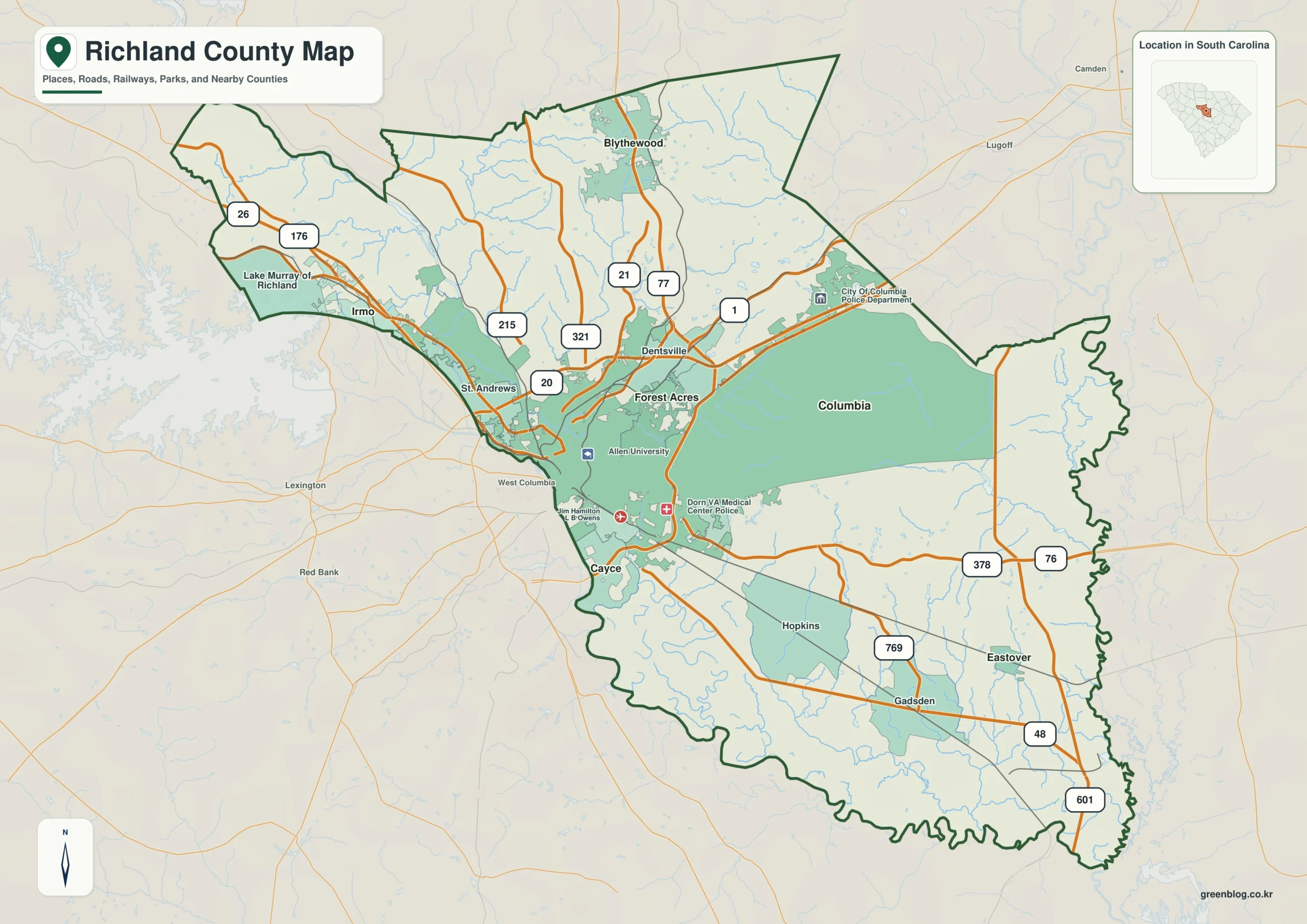 Richland County South Carolina map with the county boundary and reference names for Columbia and Forest Acres