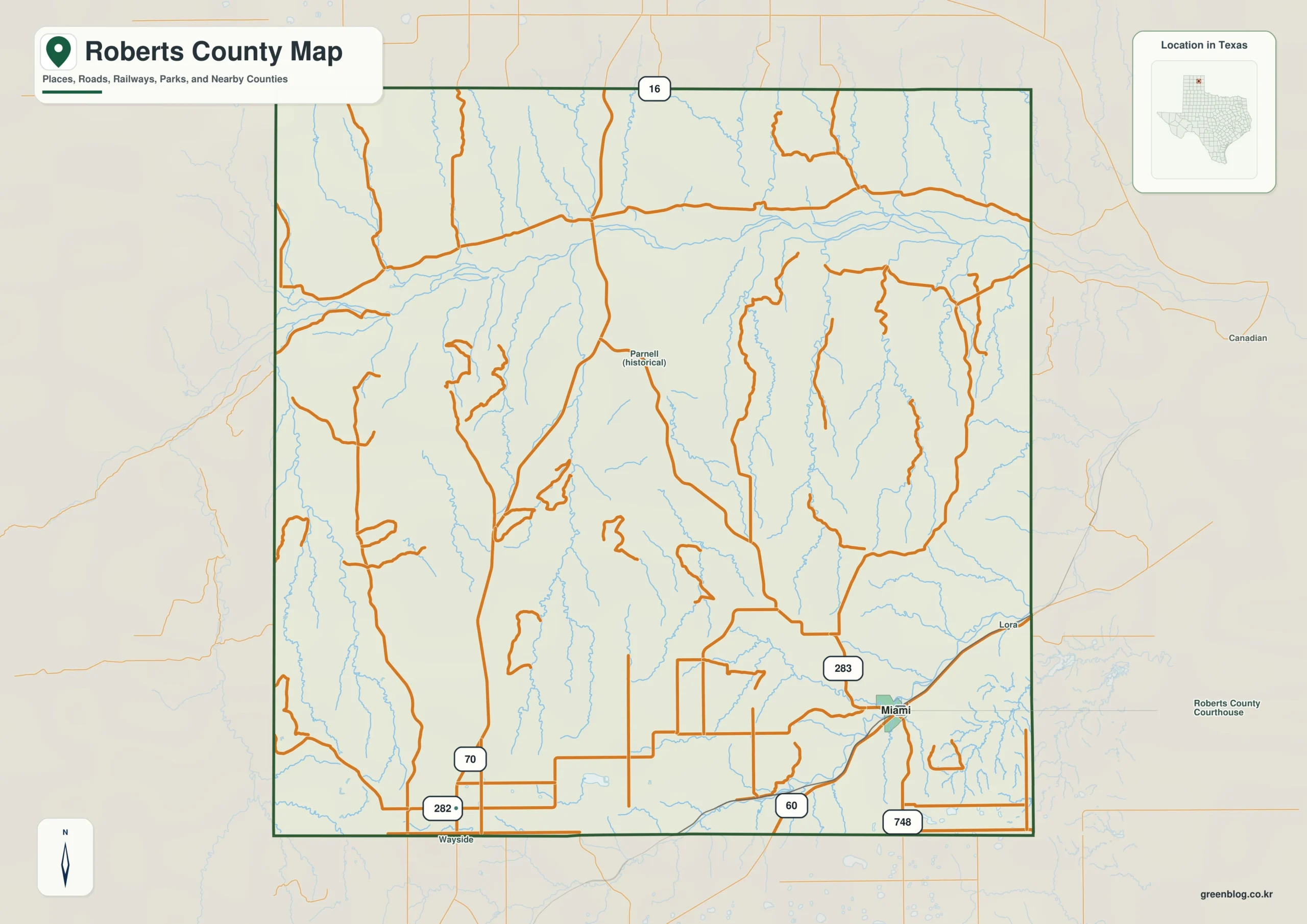 Roberts County Texas map showing Miami, Wayside, Red Deer