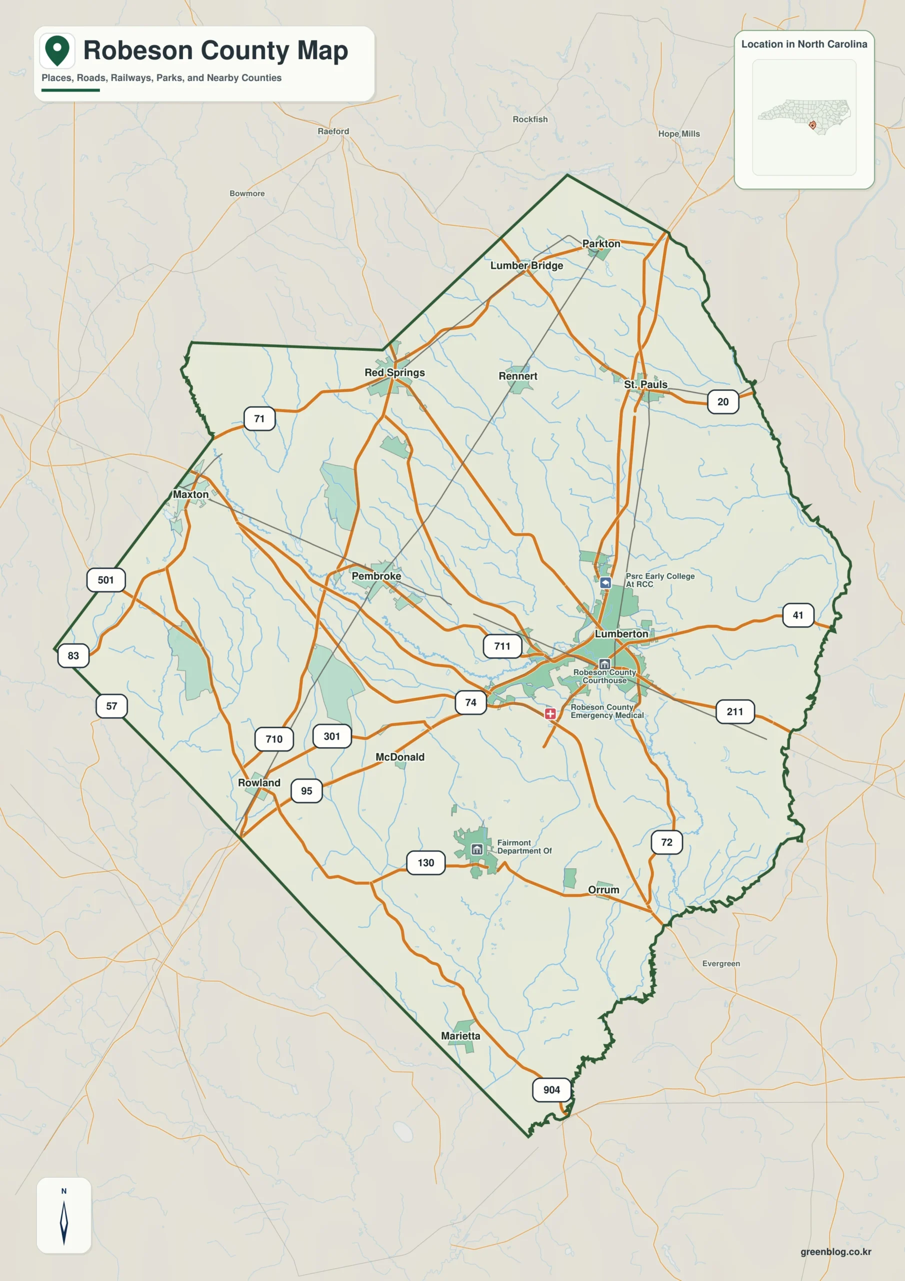 노스캐롤라이나주 로브슨 카운티 지도 럼버턴 럼버강 위치