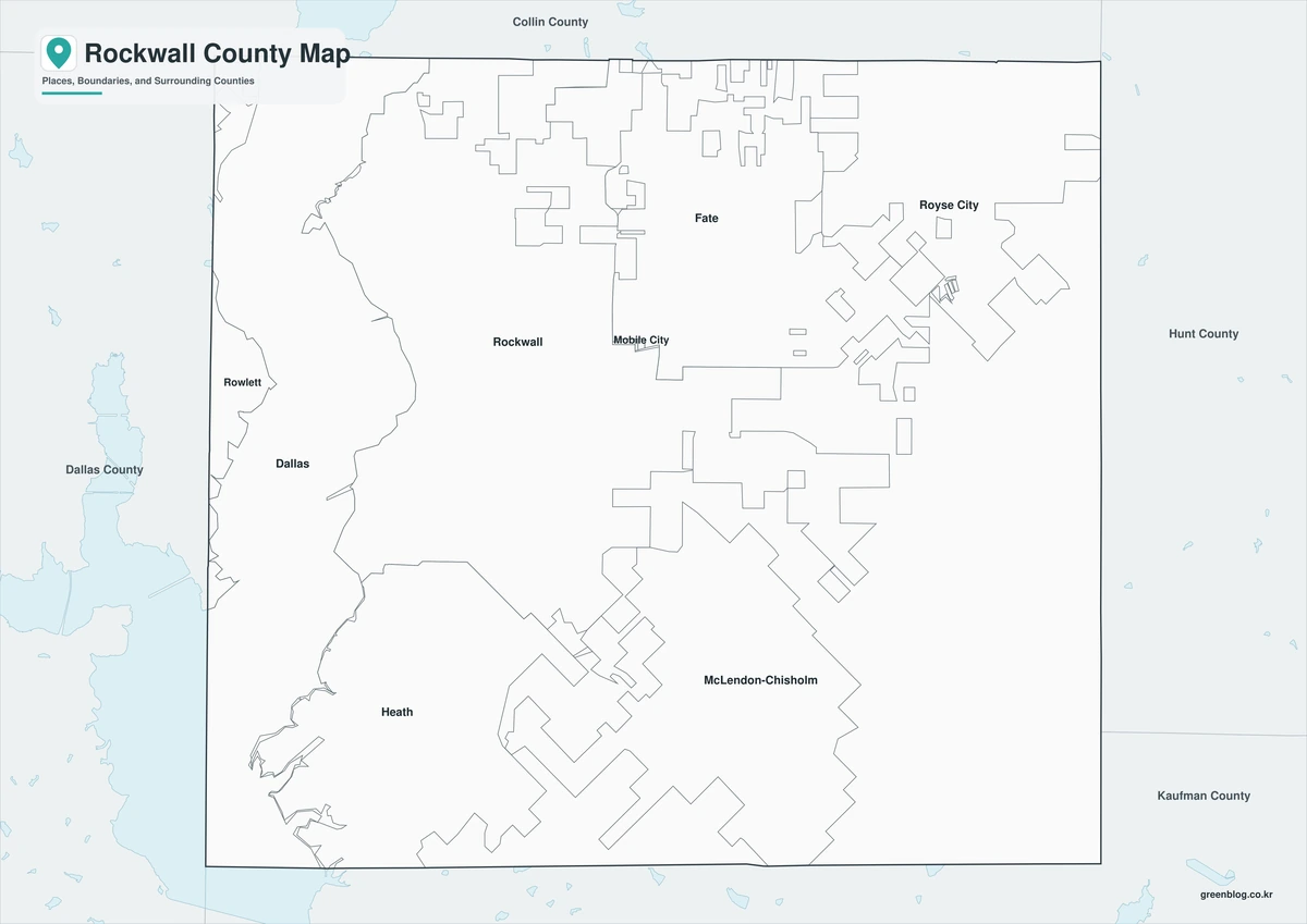 Black-and-white Rockwall County map with selected place labels