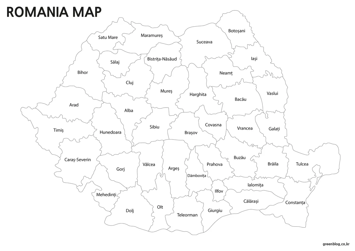 Labeled black-and-white map of Romania showing county names and boundaries