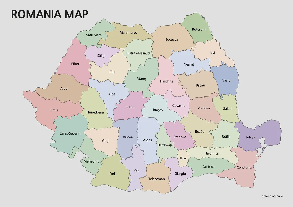 Color-coded county map of Romania with Ilfov, central counties, Constanța, and Tulcea