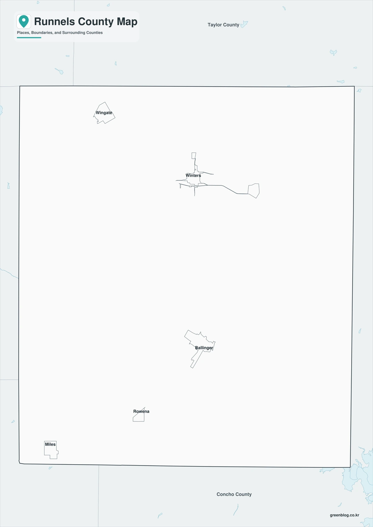 Printable black-and-white map of Runnels County with selected community labels