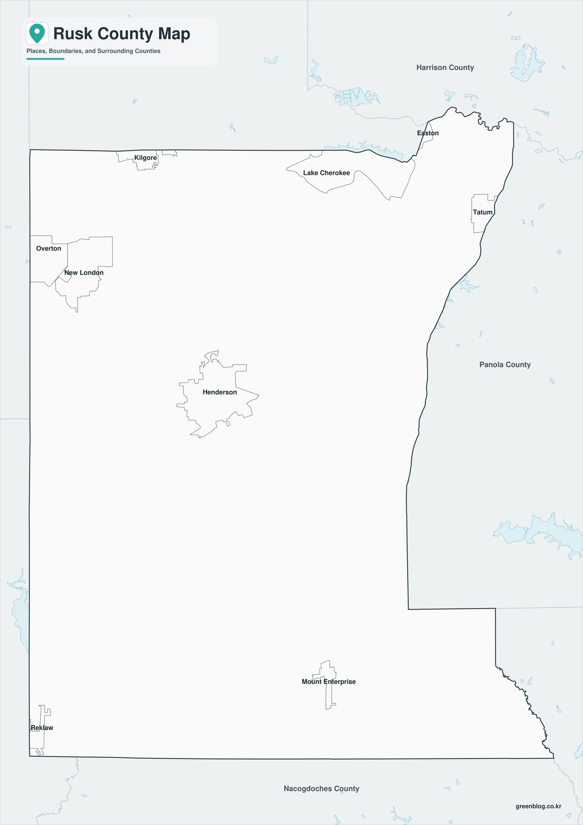 러스크 카운티 주요 지명과 경계를 표시한 흑백 지도