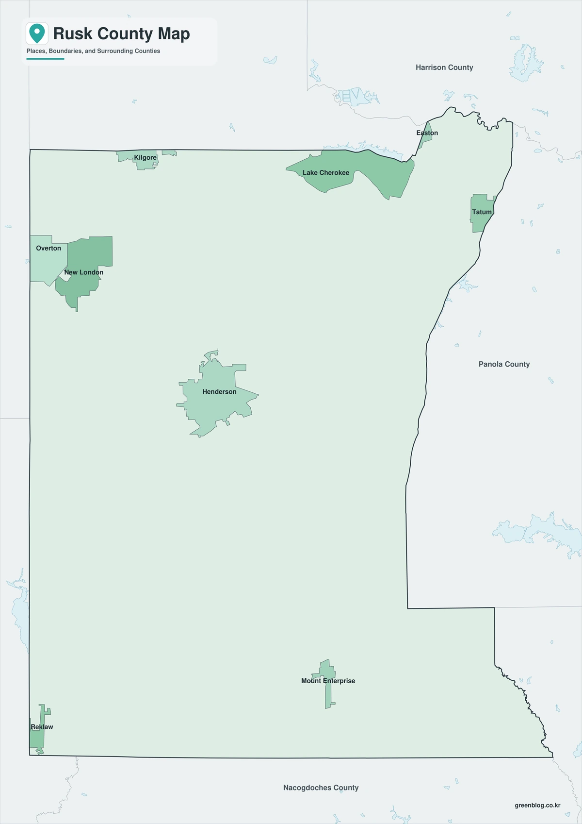 Color map of Rusk County with Henderson, Overton, Tatum, and New London