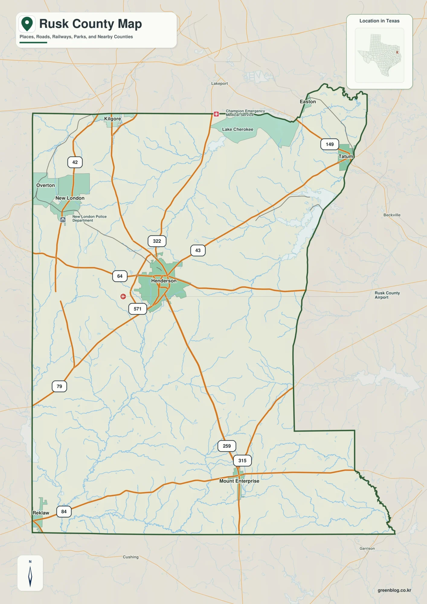 Rusk County Texas map showing Henderson, Kilgore, Overton
