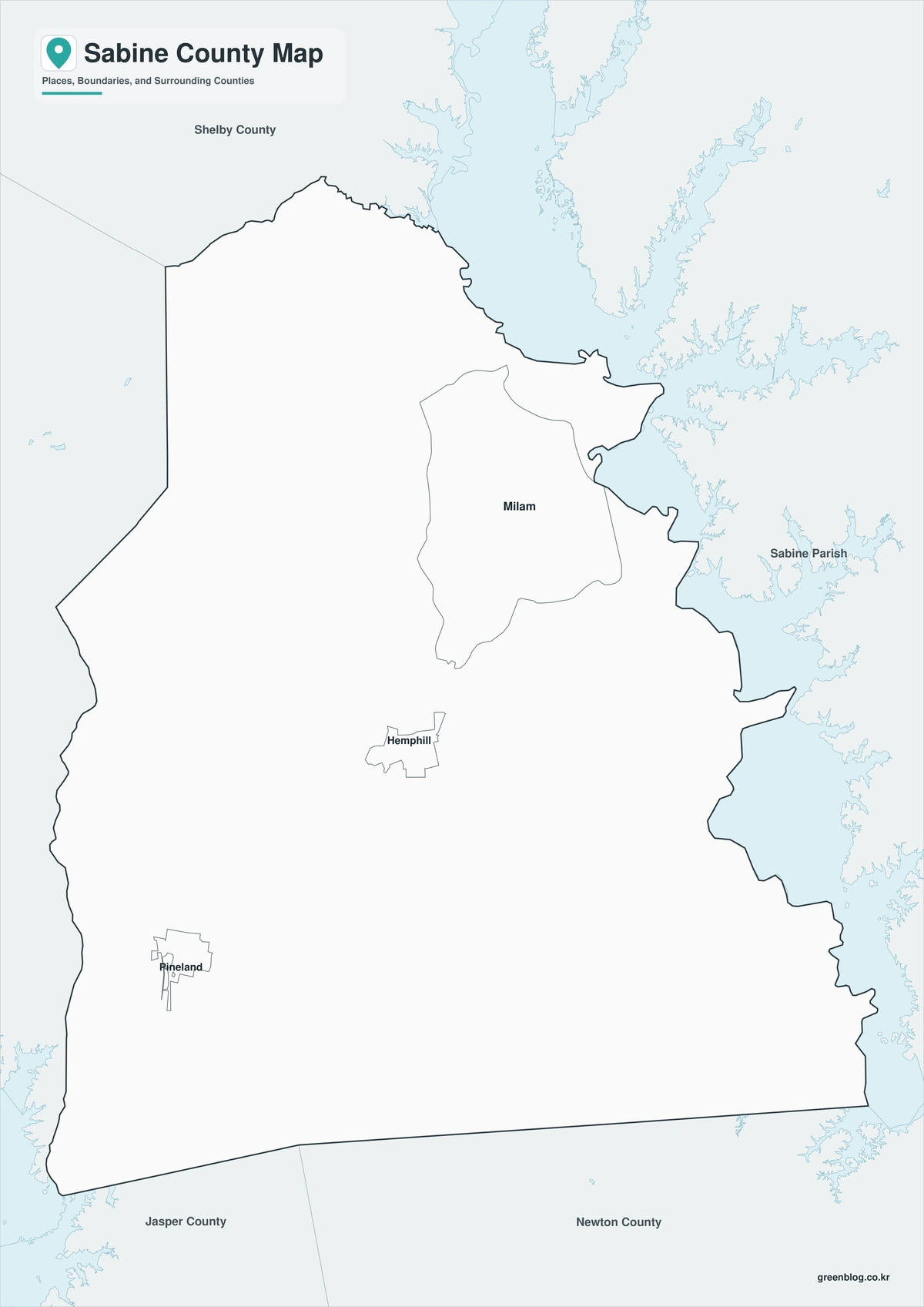 Black-and-white Sabine County map with selected towns and county lines