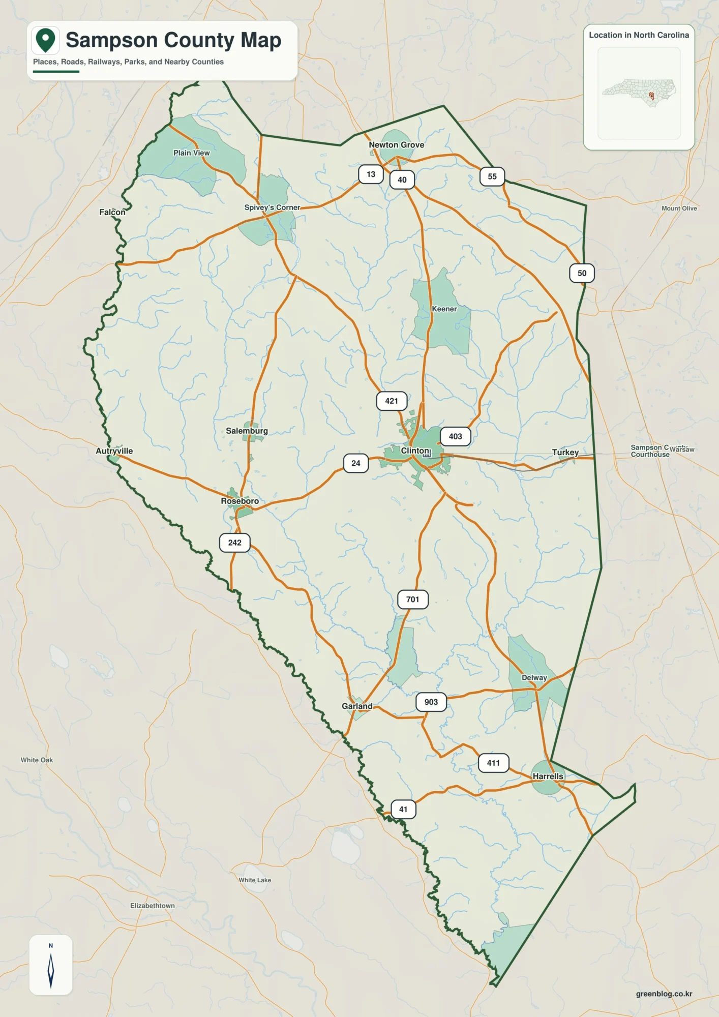 Sampson County North Carolina map showing Clinton and Black River