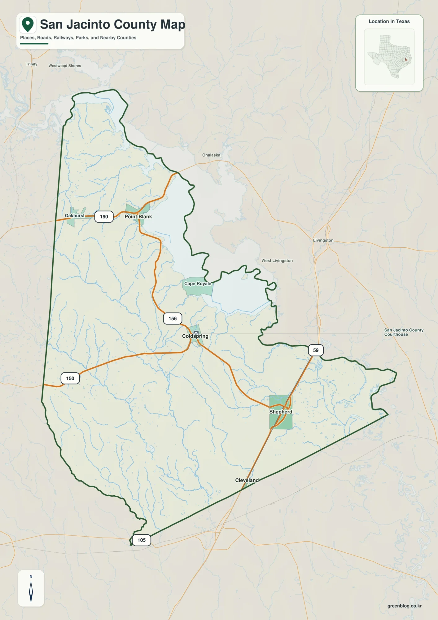 San Jacinto County Texas map showing Coldspring, Shepherd, Point Blank