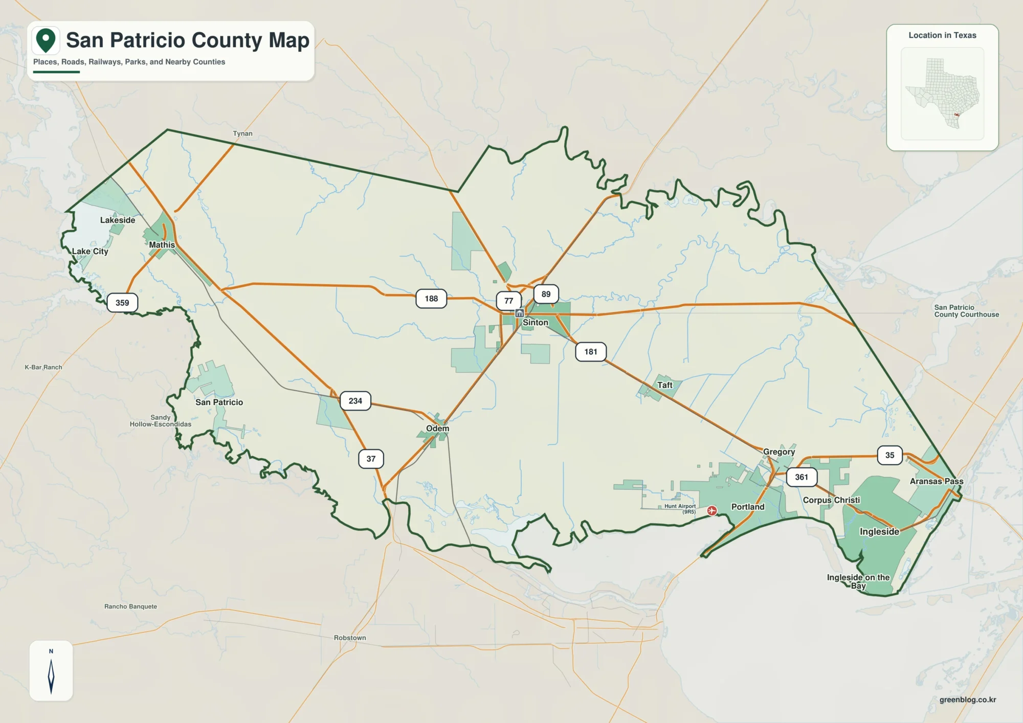 San Patricio County Texas map showing Sinton, Portland, Aransas Pass