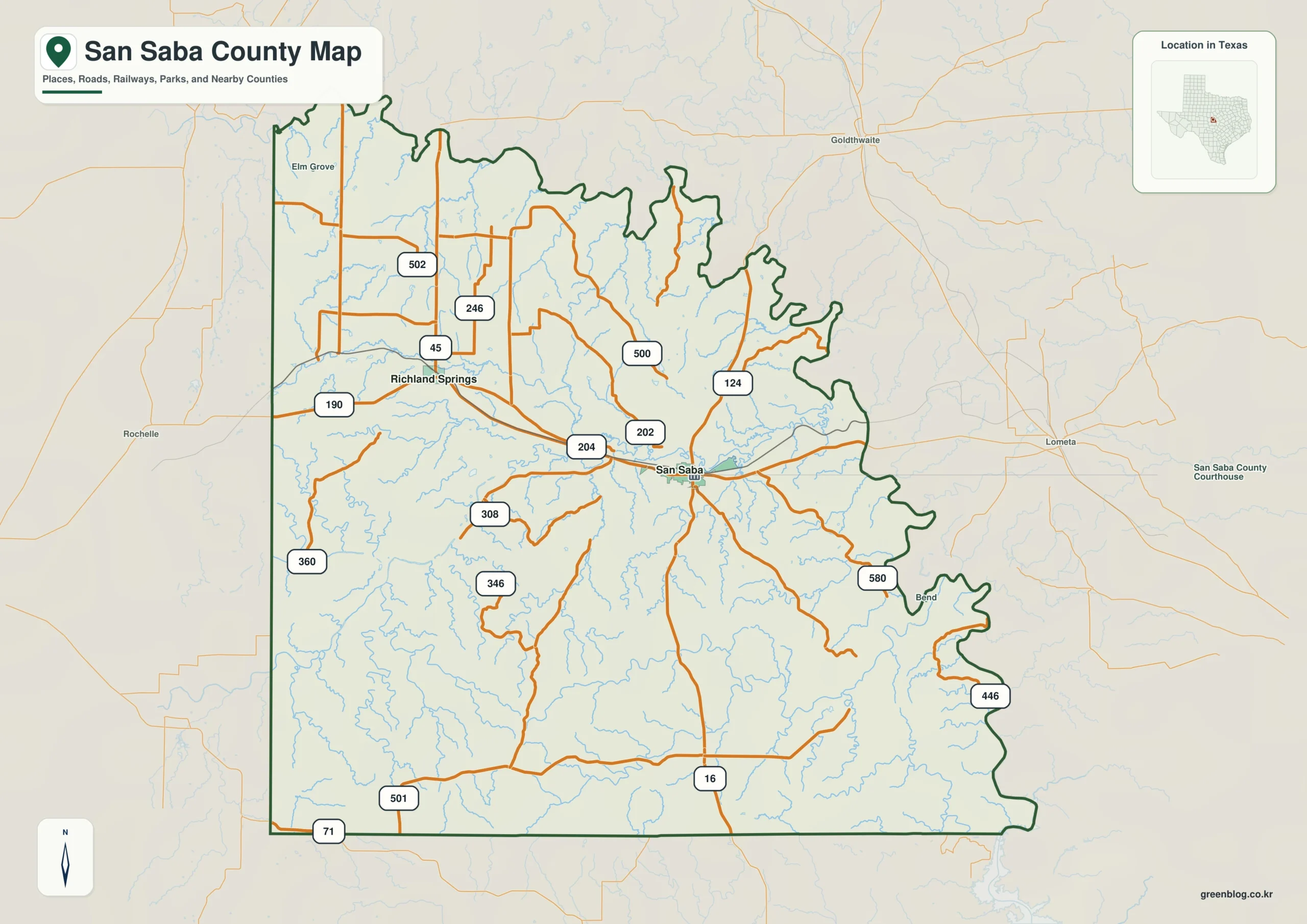 San Saba County Texas map showing San Saba, Richland Springs, Cherokee
