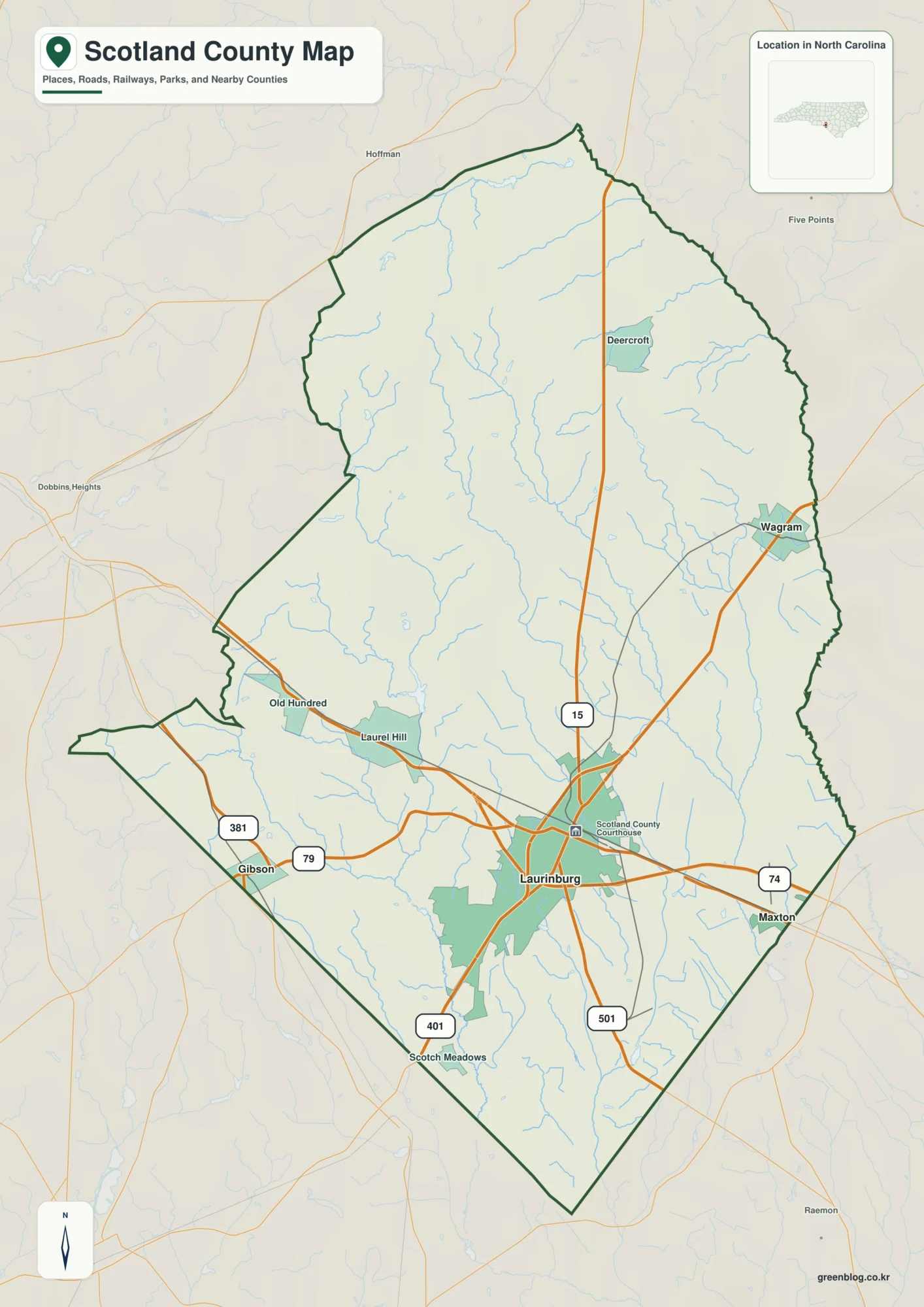 Scotland County North Carolina map showing Laurinburg and Lumber River