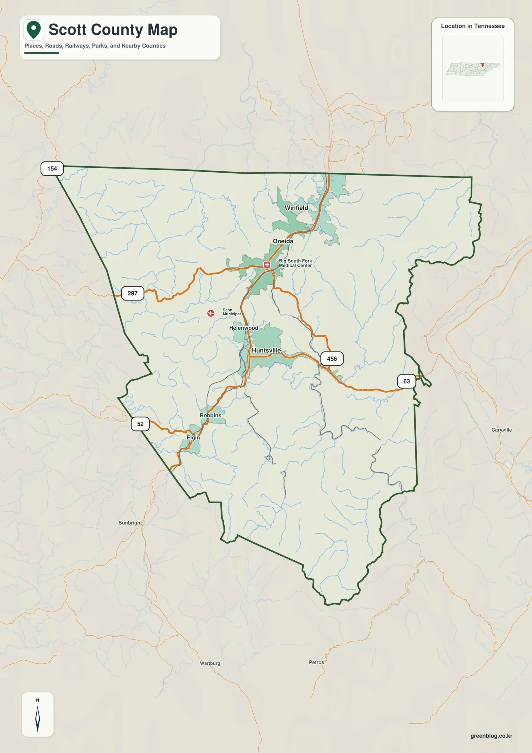 Scott County Tennessee map showing Huntsville, selected communities, roads, and natural features