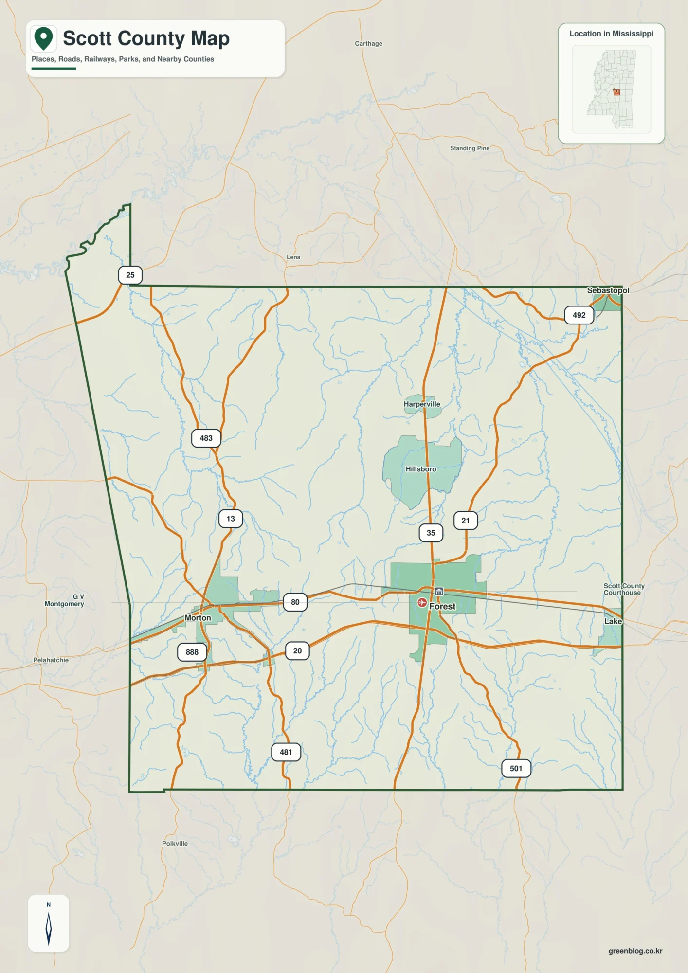 Scott County Mississippi map showing Forest, selected communities, roads, and landscape features