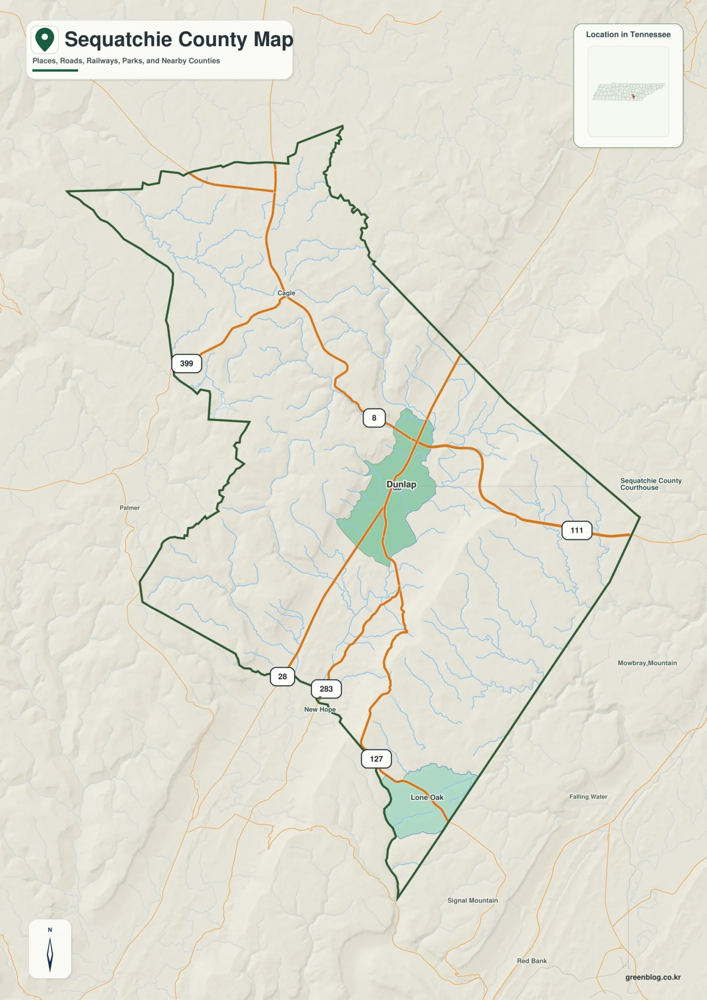 Sequatchie County Tennessee map showing Dunlap, selected communities, roads, and natural features