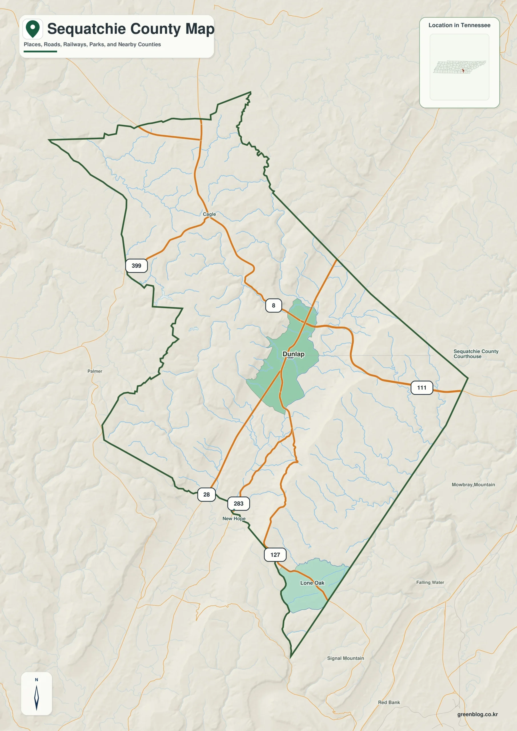 Sequatchie County Tennessee map showing Dunlap, selected communities, roads, and natural features