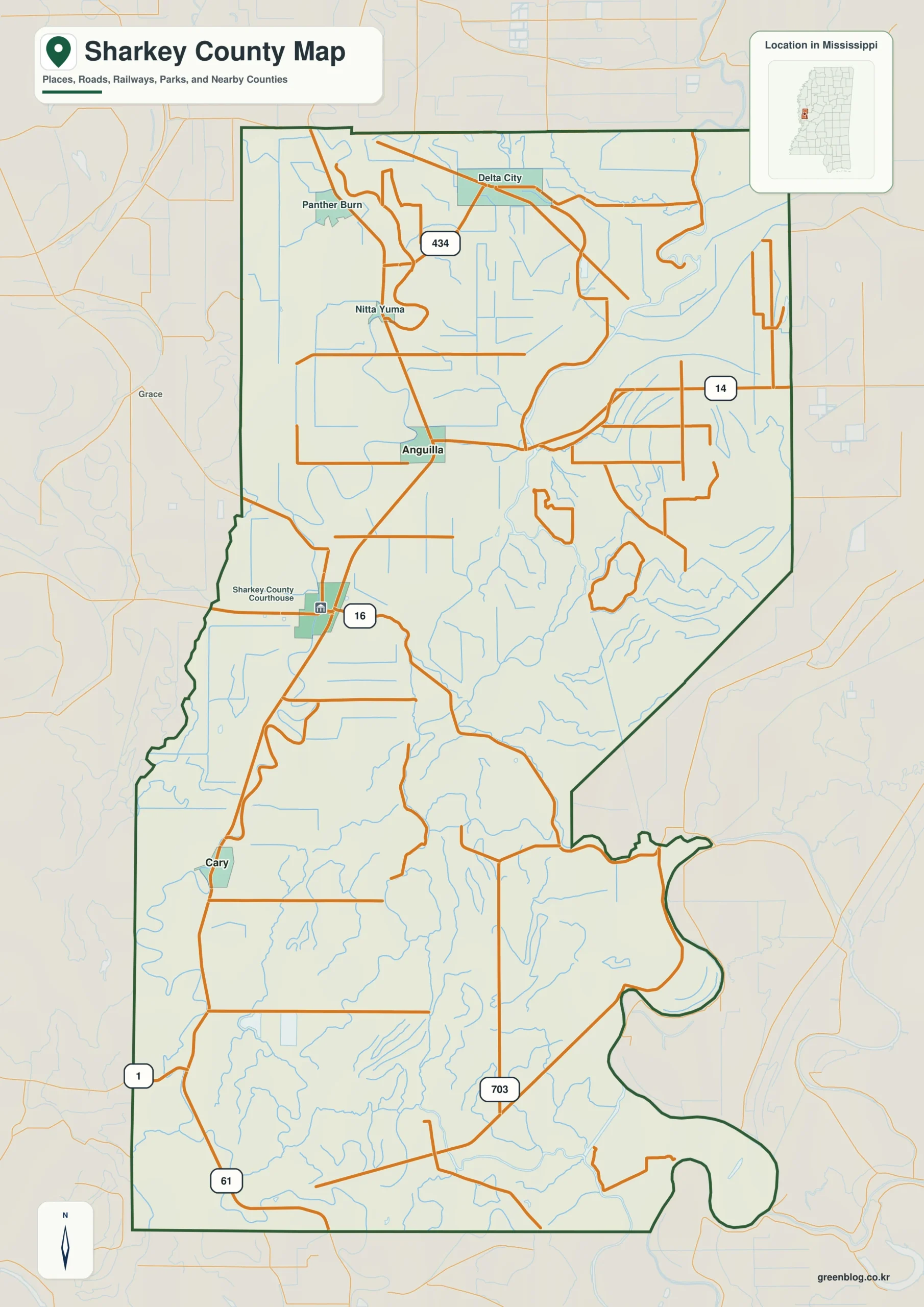 Sharkey County Mississippi map showing Rolling Fork, selected communities, roads, and landscape features