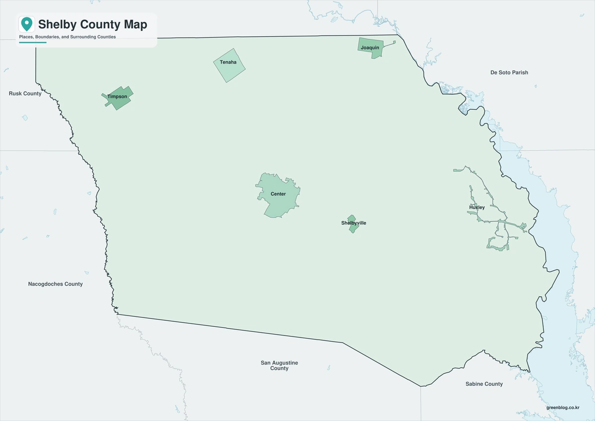 텍사스주 셸비 카운티 지도(Shelby County)와 센터·테나하·팀프슨·호아킨 위치
