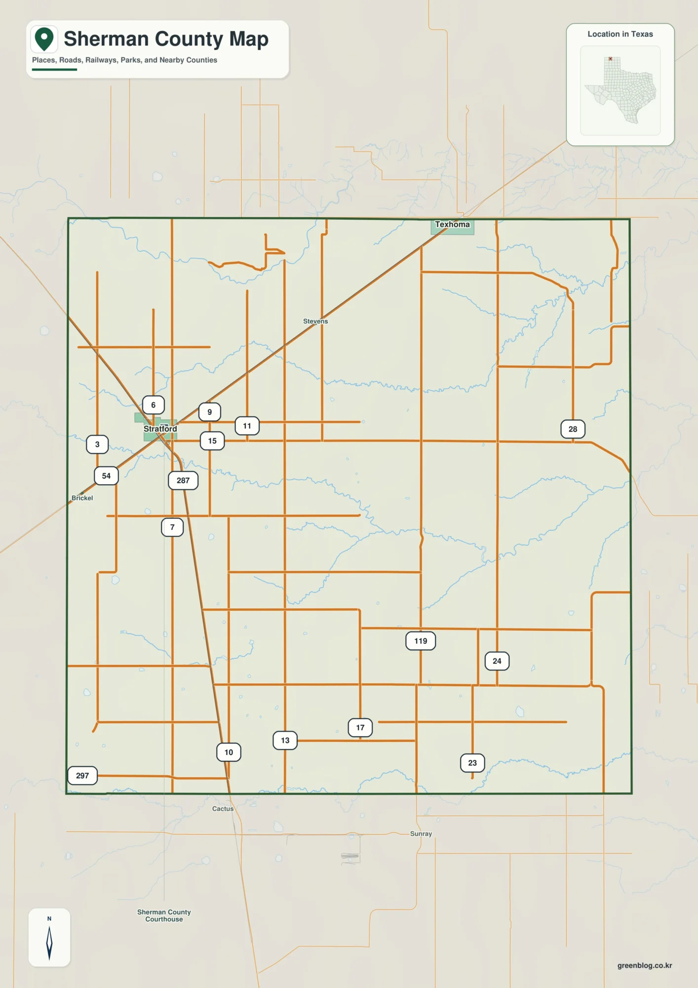 Sherman County Texas map showing Stratford, Texhoma, Lomo