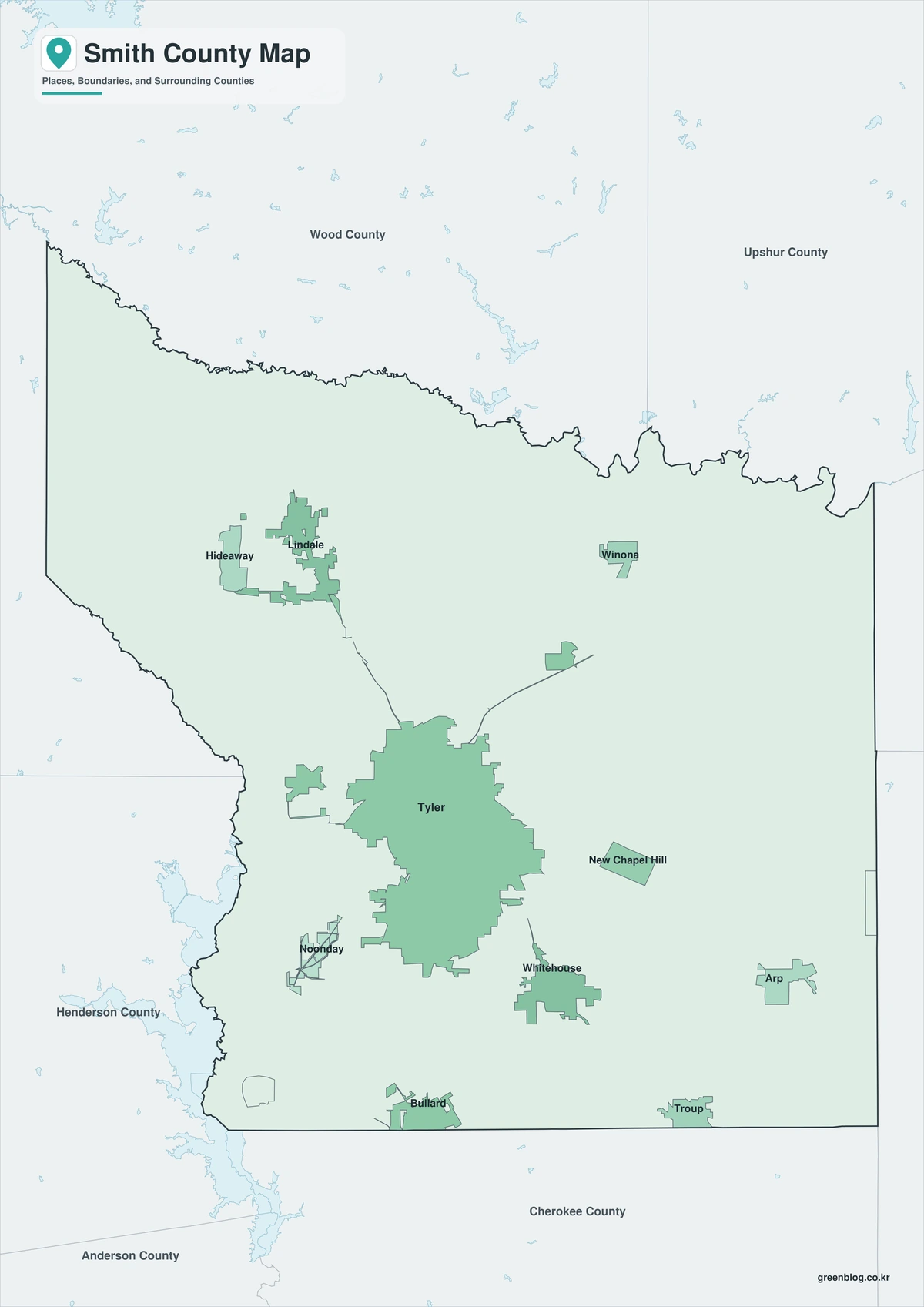 Smith County Texas map with Tyler, Lindale, Whitehouse, and Lake Palestine