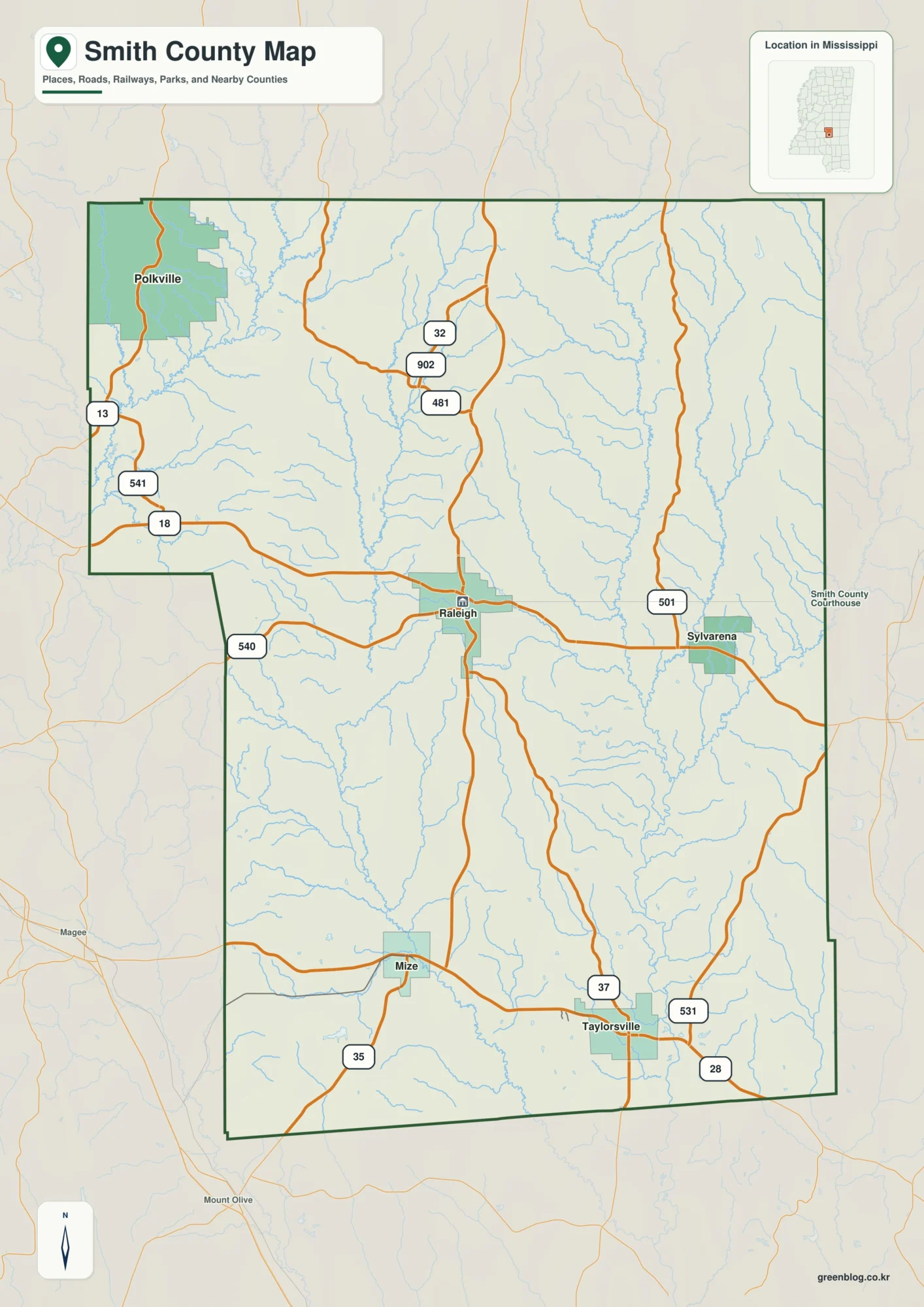 Smith County Mississippi map showing Raleigh, selected communities, roads, and landscape features