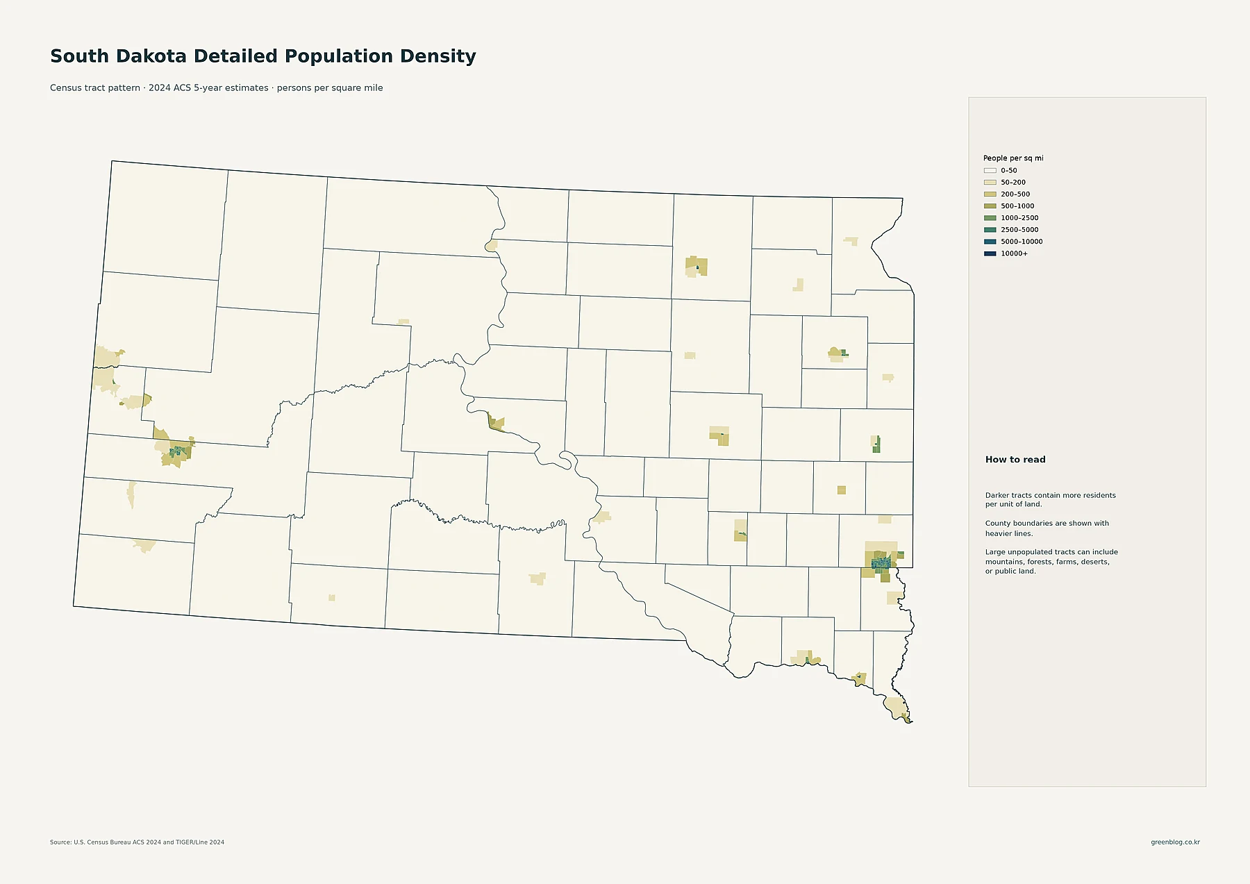 South Dakota detailed census tract population density based on 2024 ACS estimates