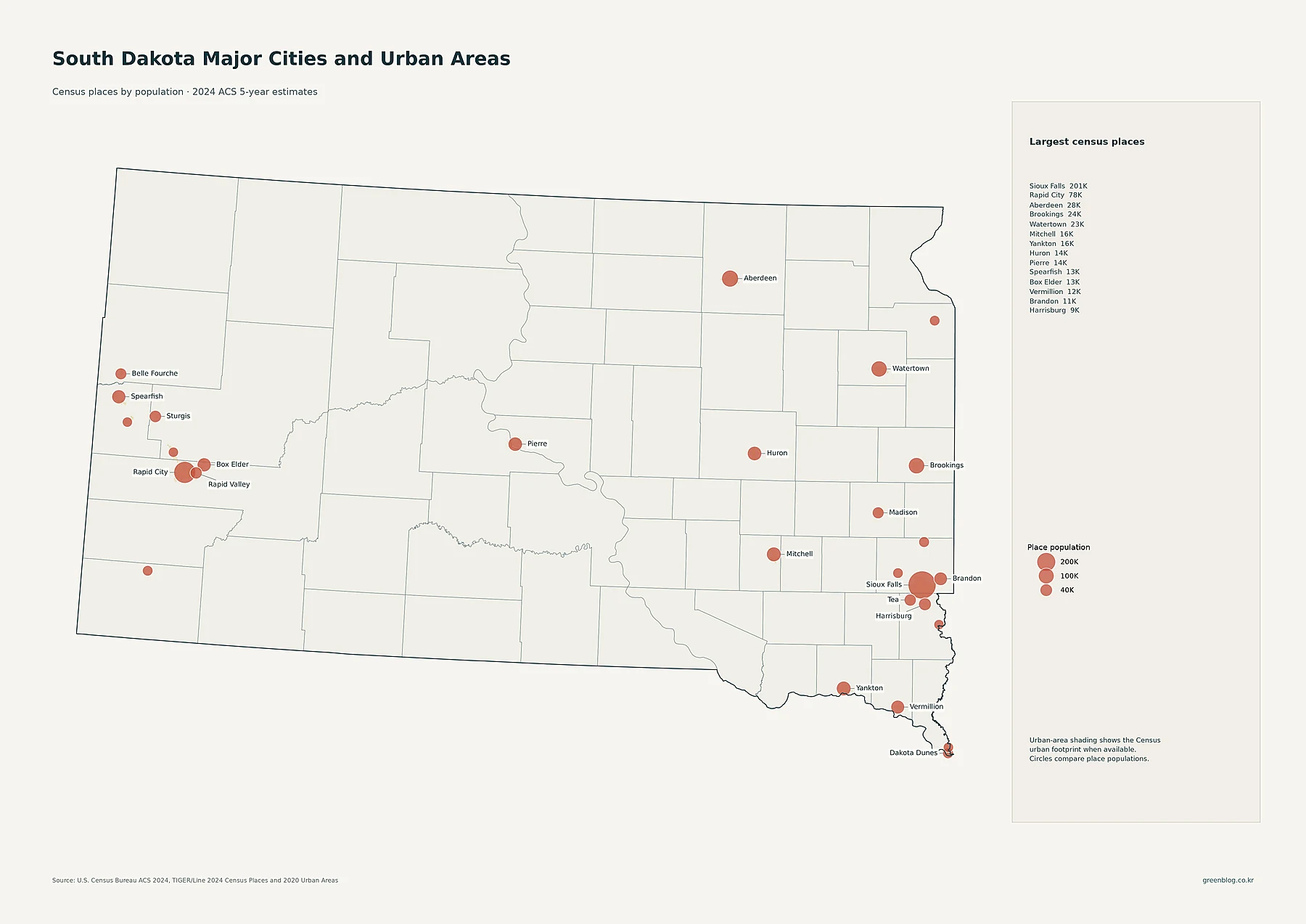 South Dakota major cities and urban areas using 2024 ACS place populations