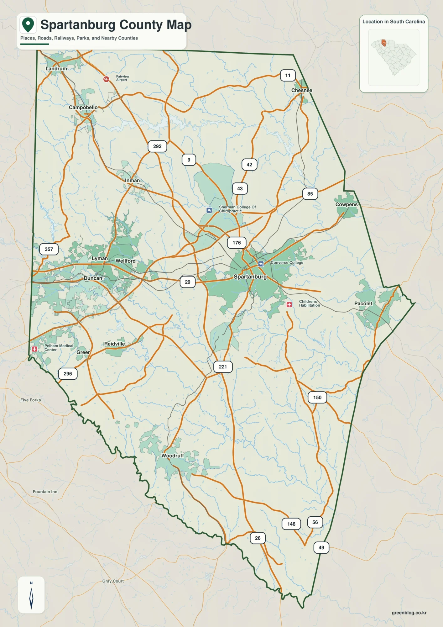 Spartanburg County South Carolina map with the county boundary and reference names for Spartanburg and Landrum