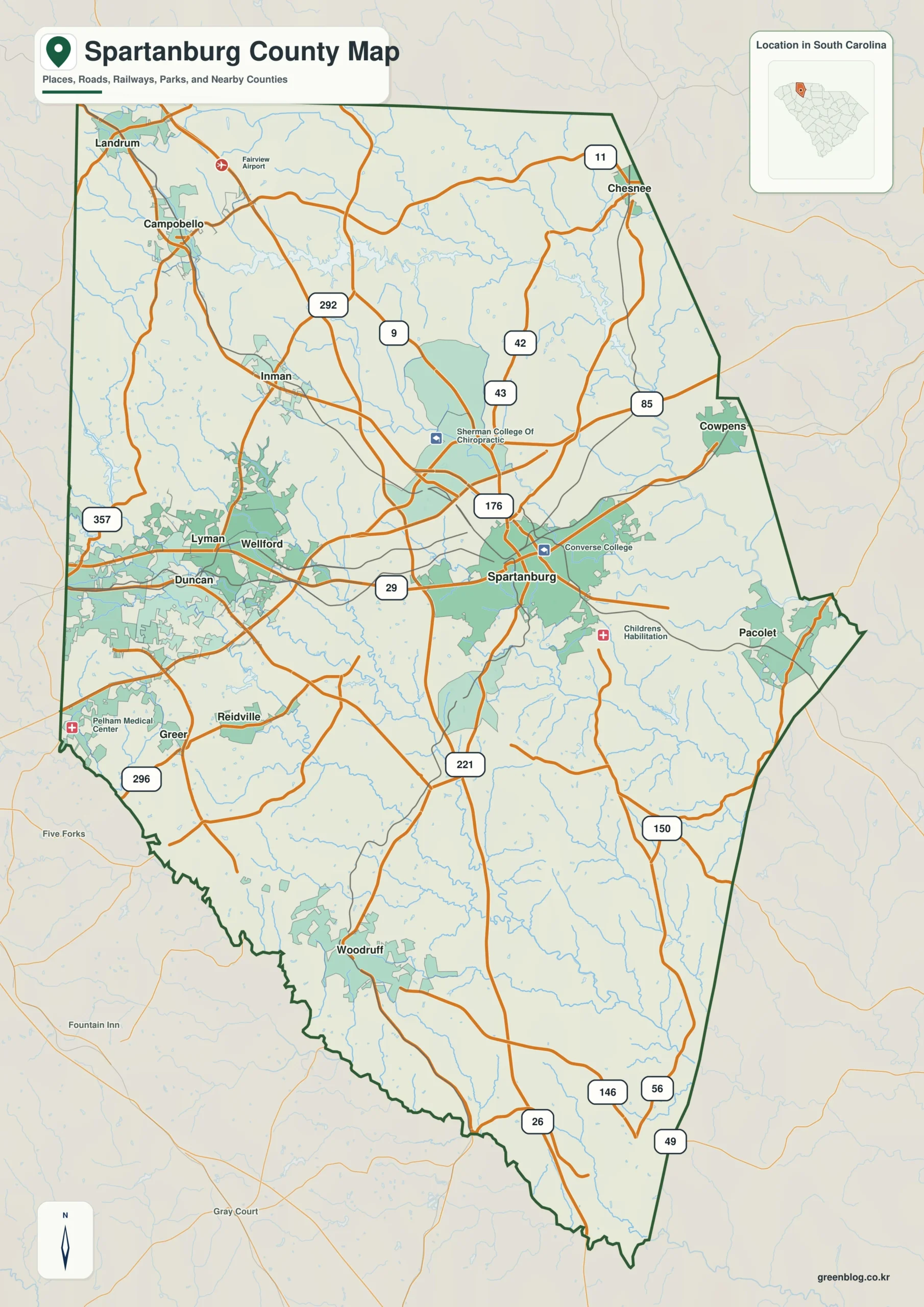 Spartanburg County South Carolina map with the county boundary and reference names for Spartanburg and Landrum