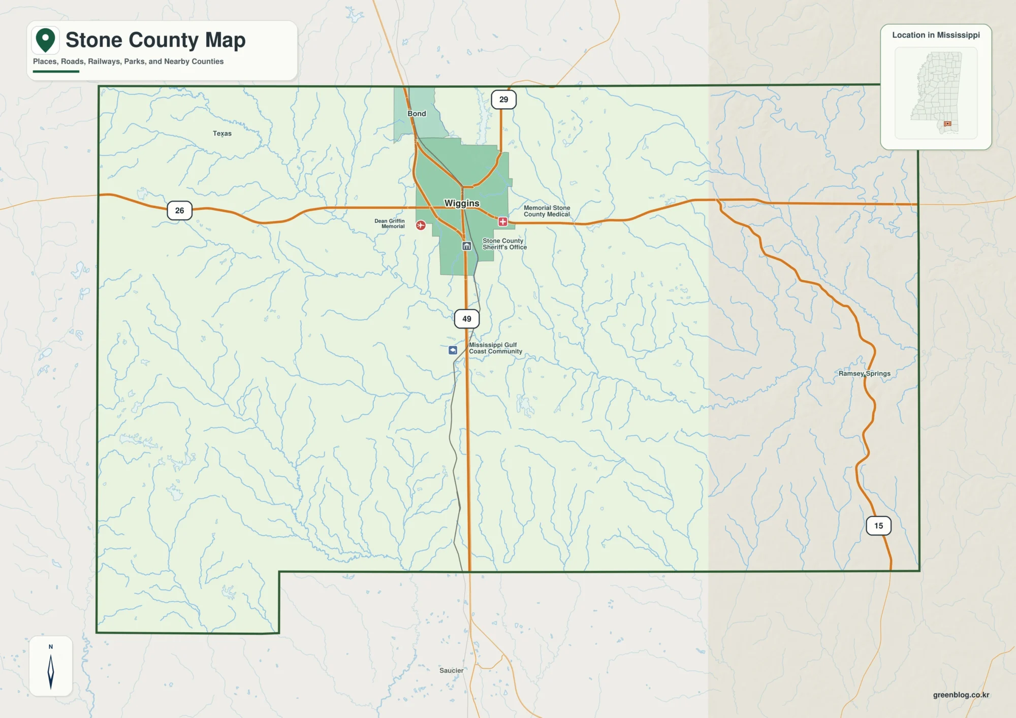 Stone County Mississippi map showing Wiggins, selected communities, roads, and landscape features