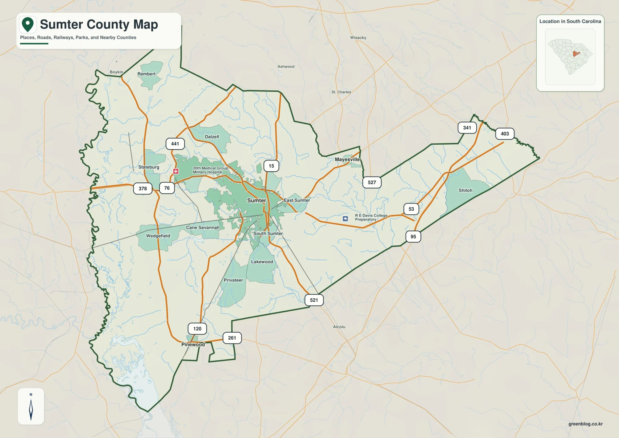 Sumter County South Carolina map with the county boundary and reference names for Sumter and Pinewood