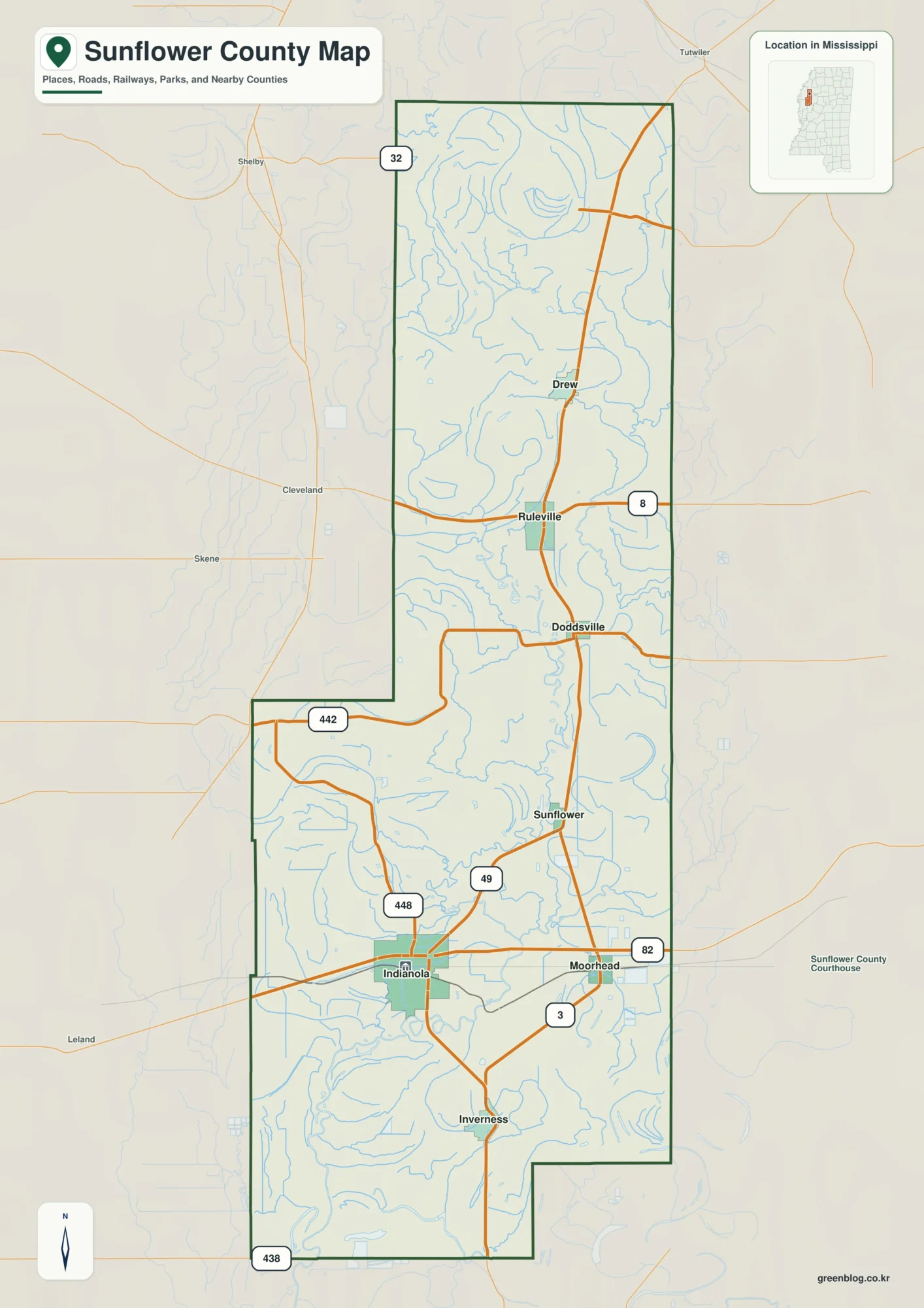 Sunflower County Mississippi map showing Indianola, selected communities, roads, and landscape features