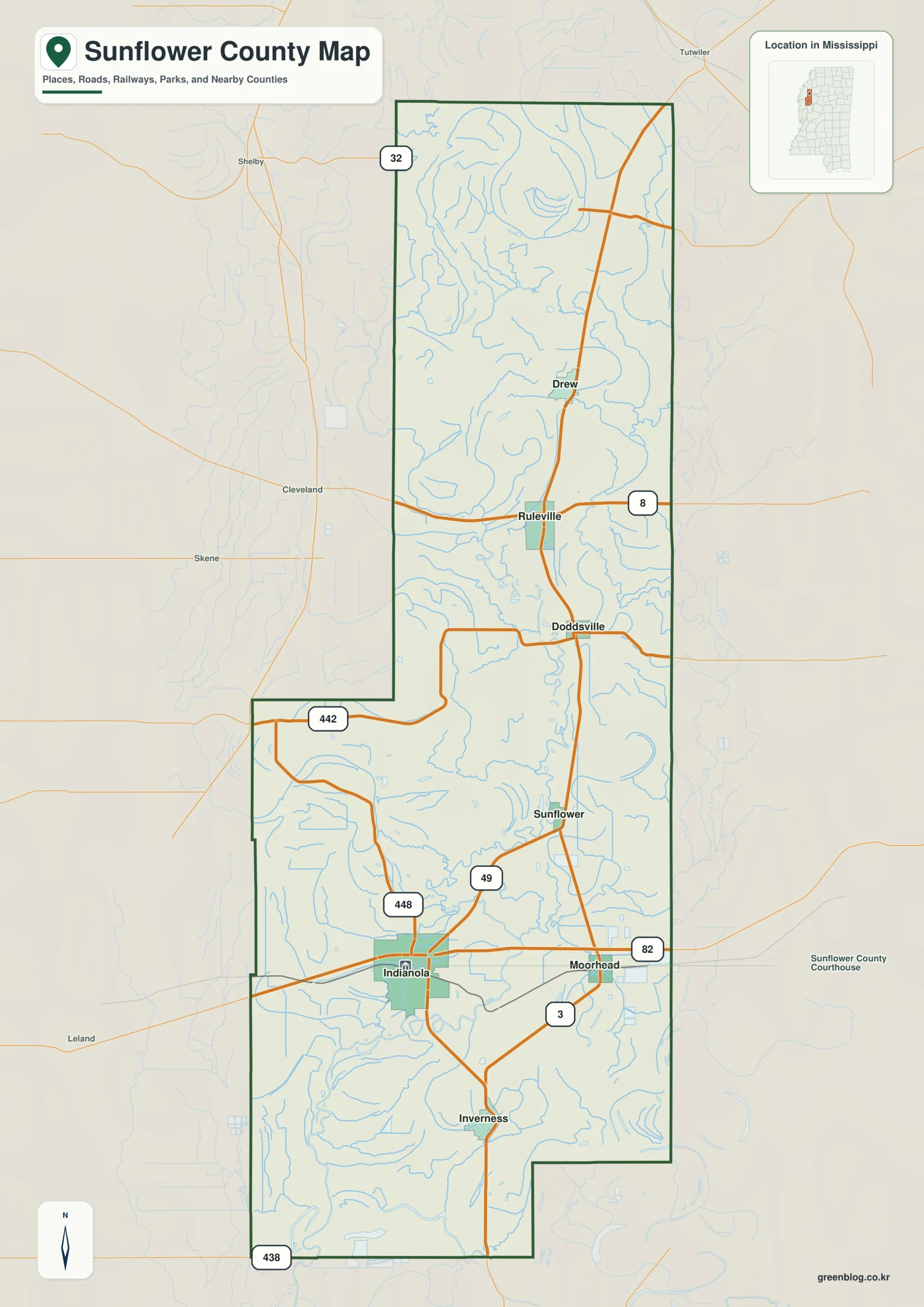 Sunflower County Mississippi map showing Indianola, selected communities, roads, and landscape features