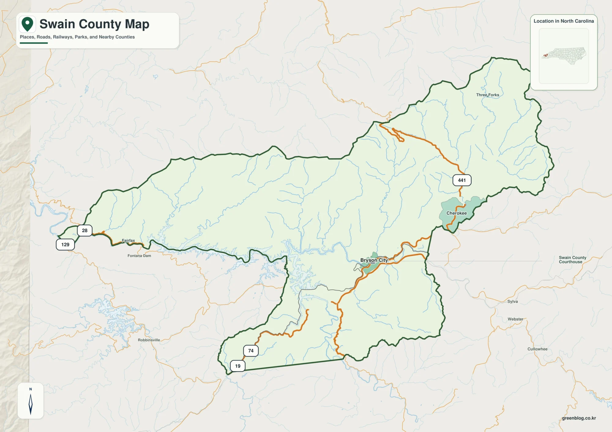 Swain County North Carolina map showing Bryson City and Fontana Lake