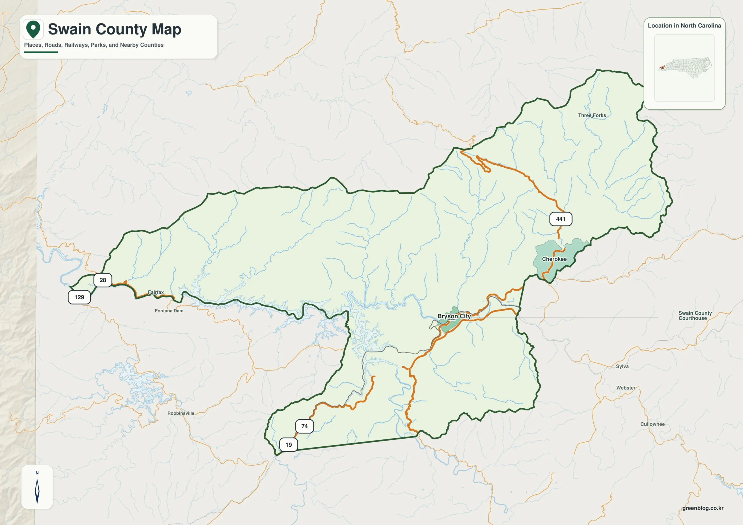 Swain County North Carolina map showing Bryson City and Fontana Lake
