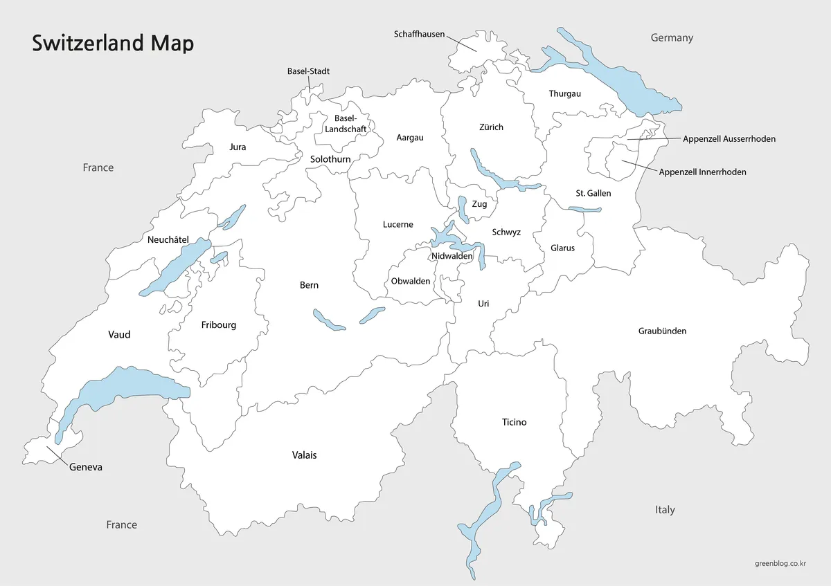 Black-and-white map of Switzerland with canton names, boundaries, and blue lake shapes