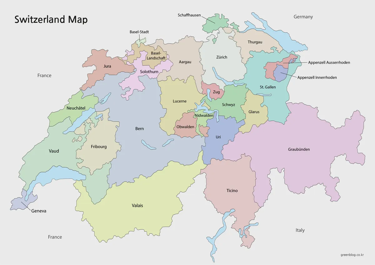 Color Switzerland Map showing 26 labeled cantons, major lakes, and three neighboring countries