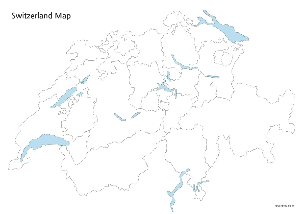 Blank Switzerland canton map with internal boundaries and selected lakes