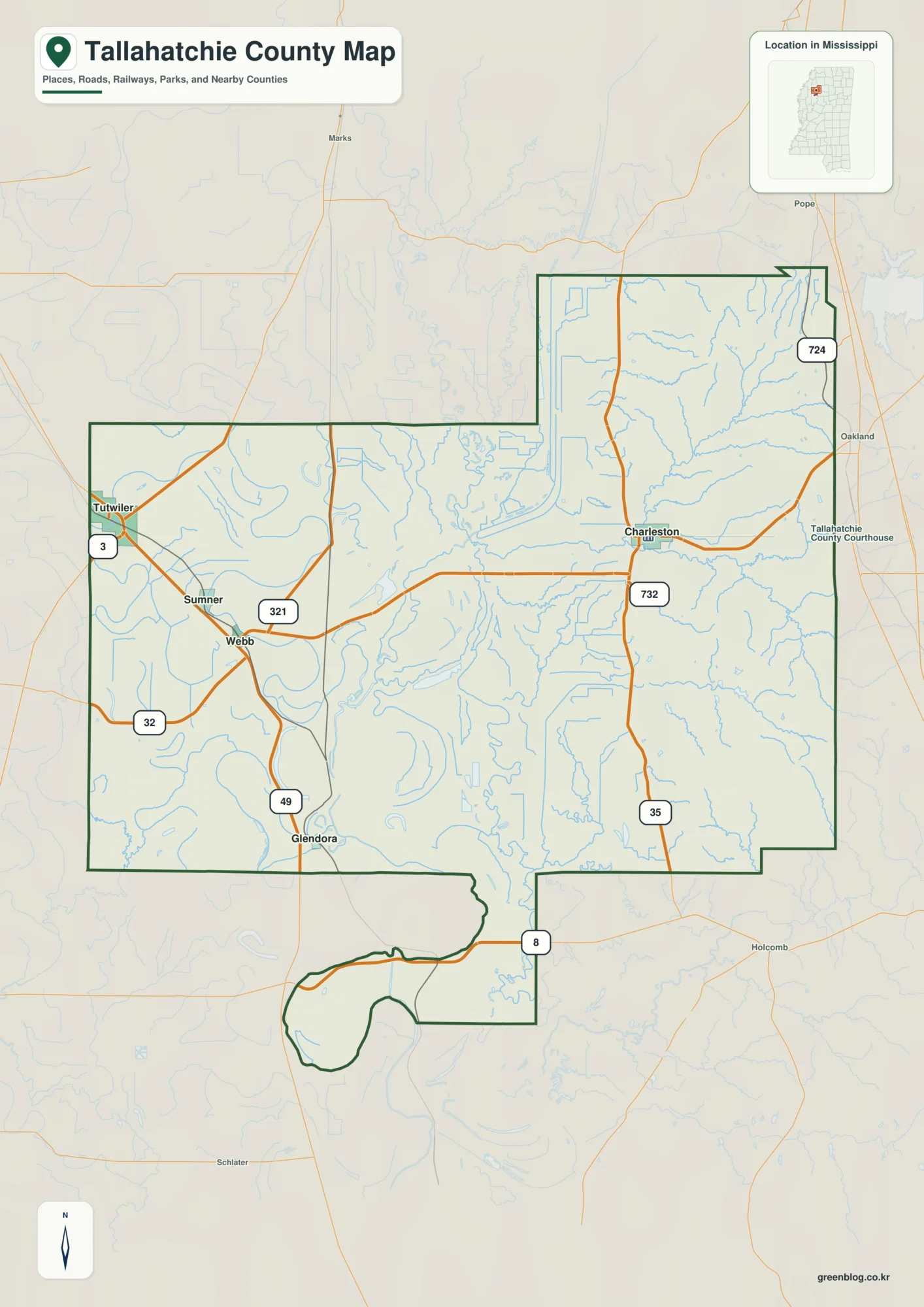 Tallahatchie County Mississippi map showing Charleston and Sumner, selected communities, roads, and landscape features