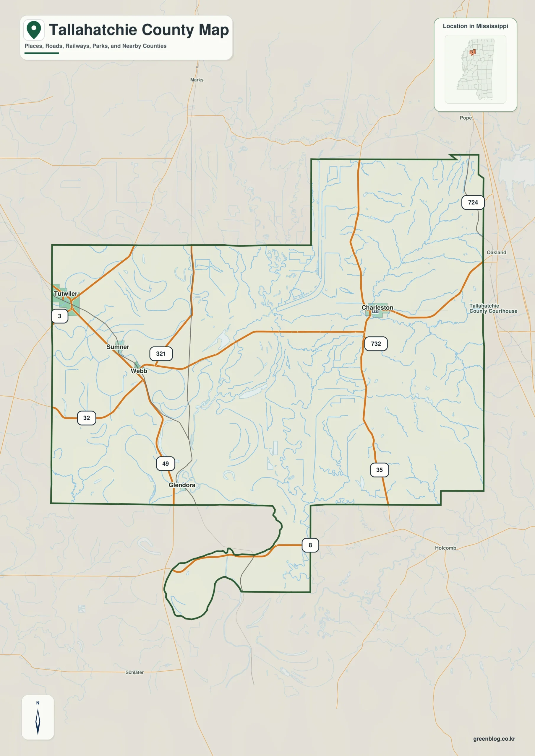 Tallahatchie County Mississippi map showing Charleston and Sumner, selected communities, roads, and landscape features