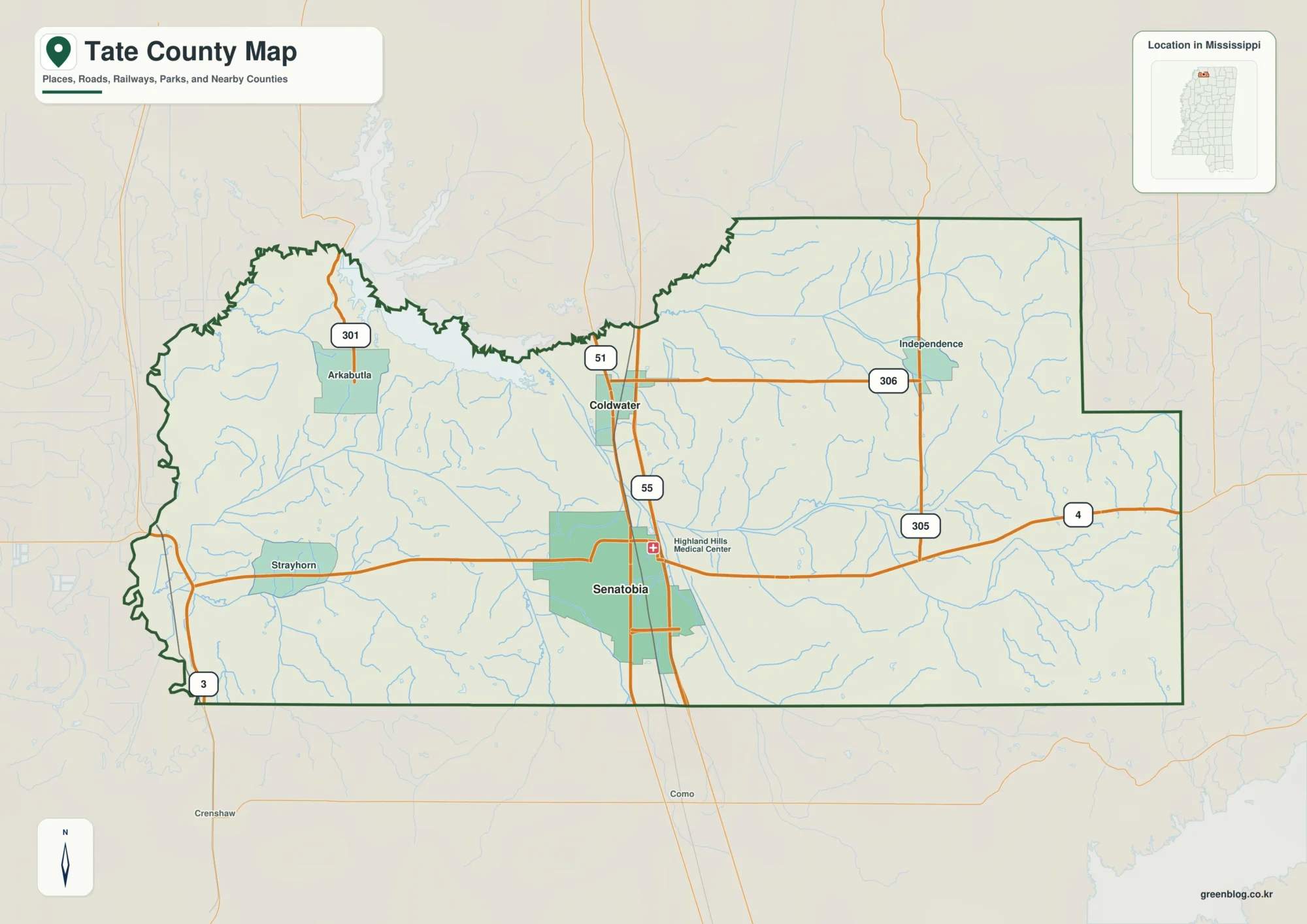 Tate County Mississippi map showing Senatobia, selected communities, roads, and landscape features