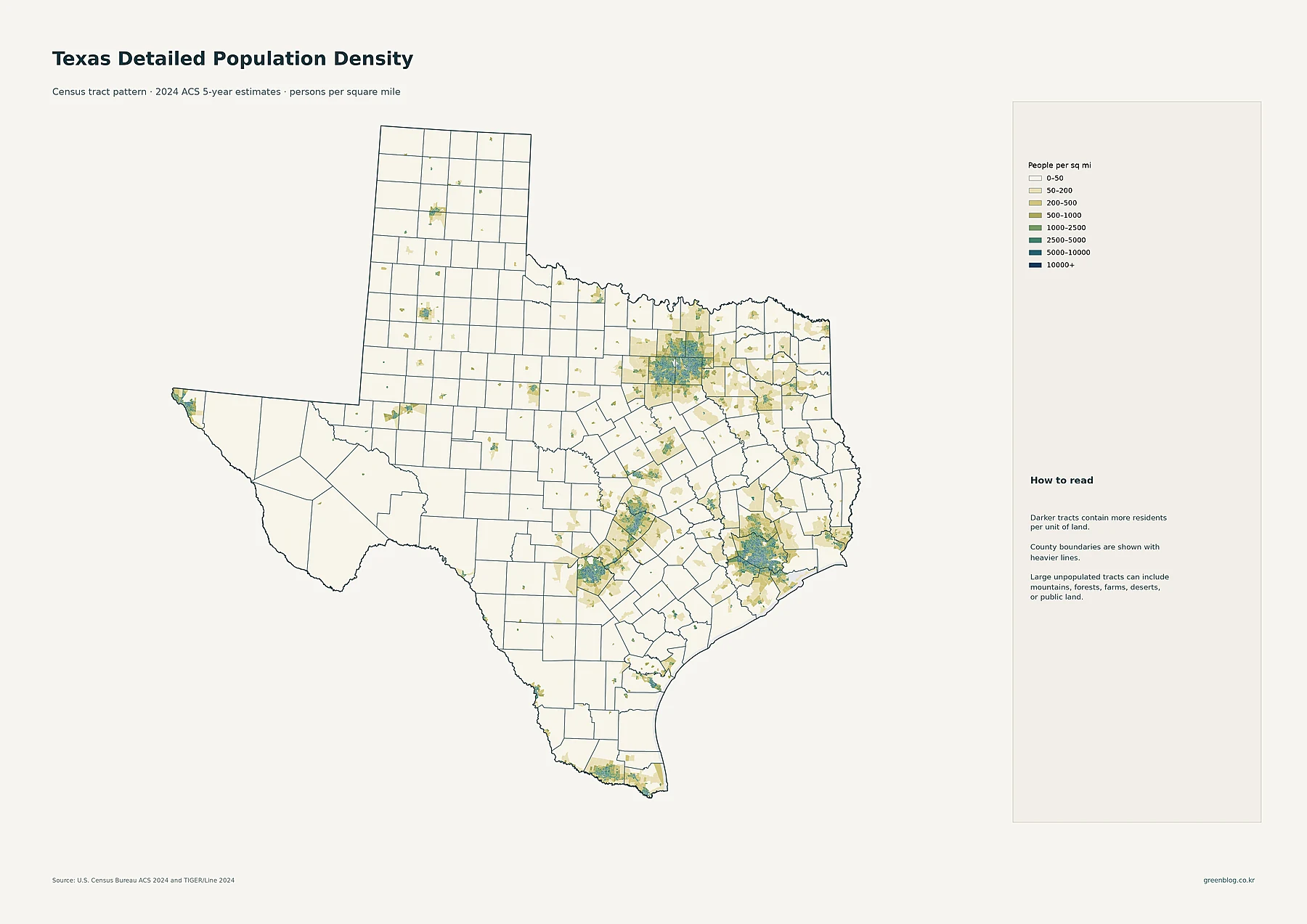 Texas detailed census tract population density based on 2024 ACS estimates
