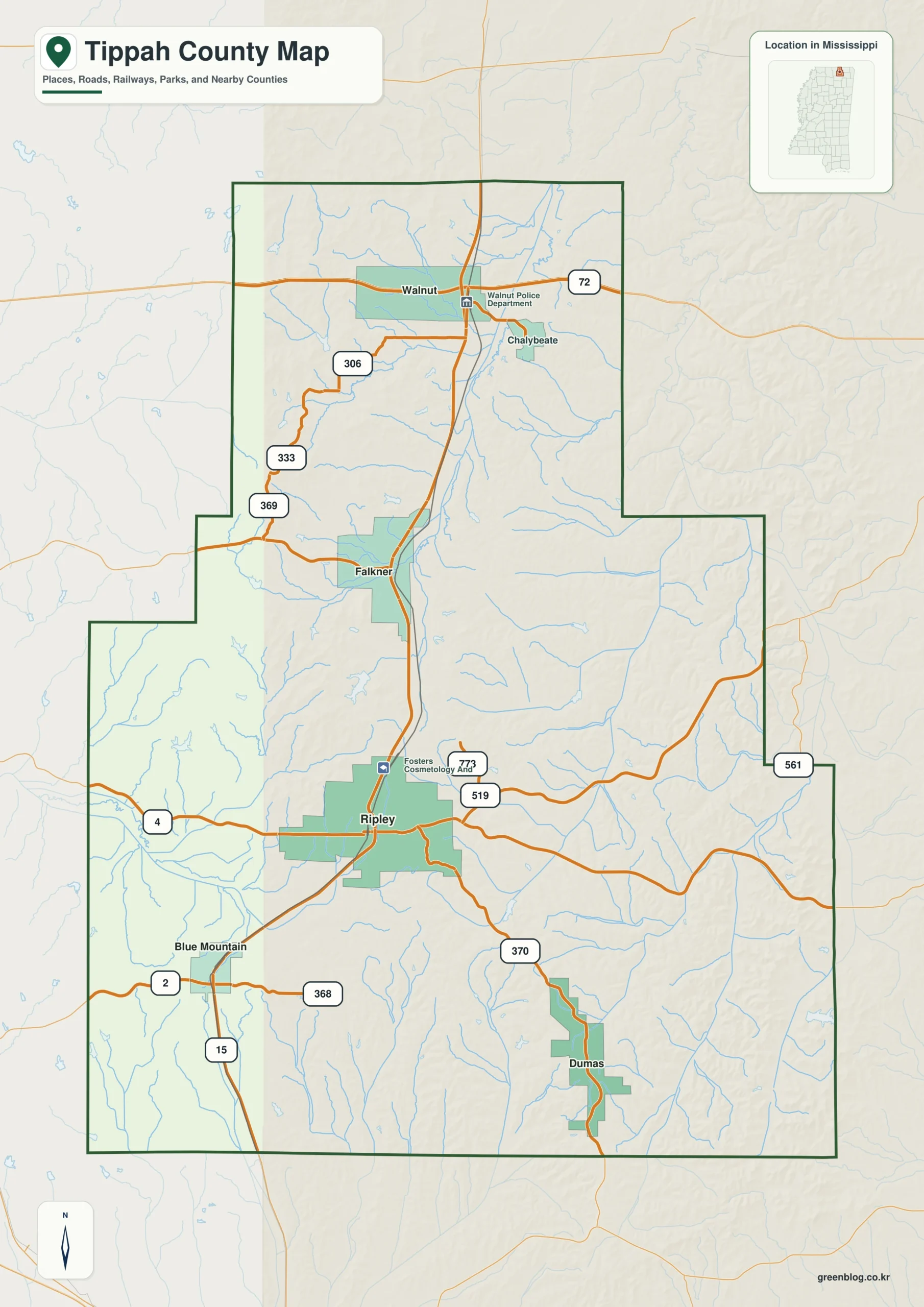 Tippah County Mississippi map showing Ripley, selected communities, roads, and landscape features