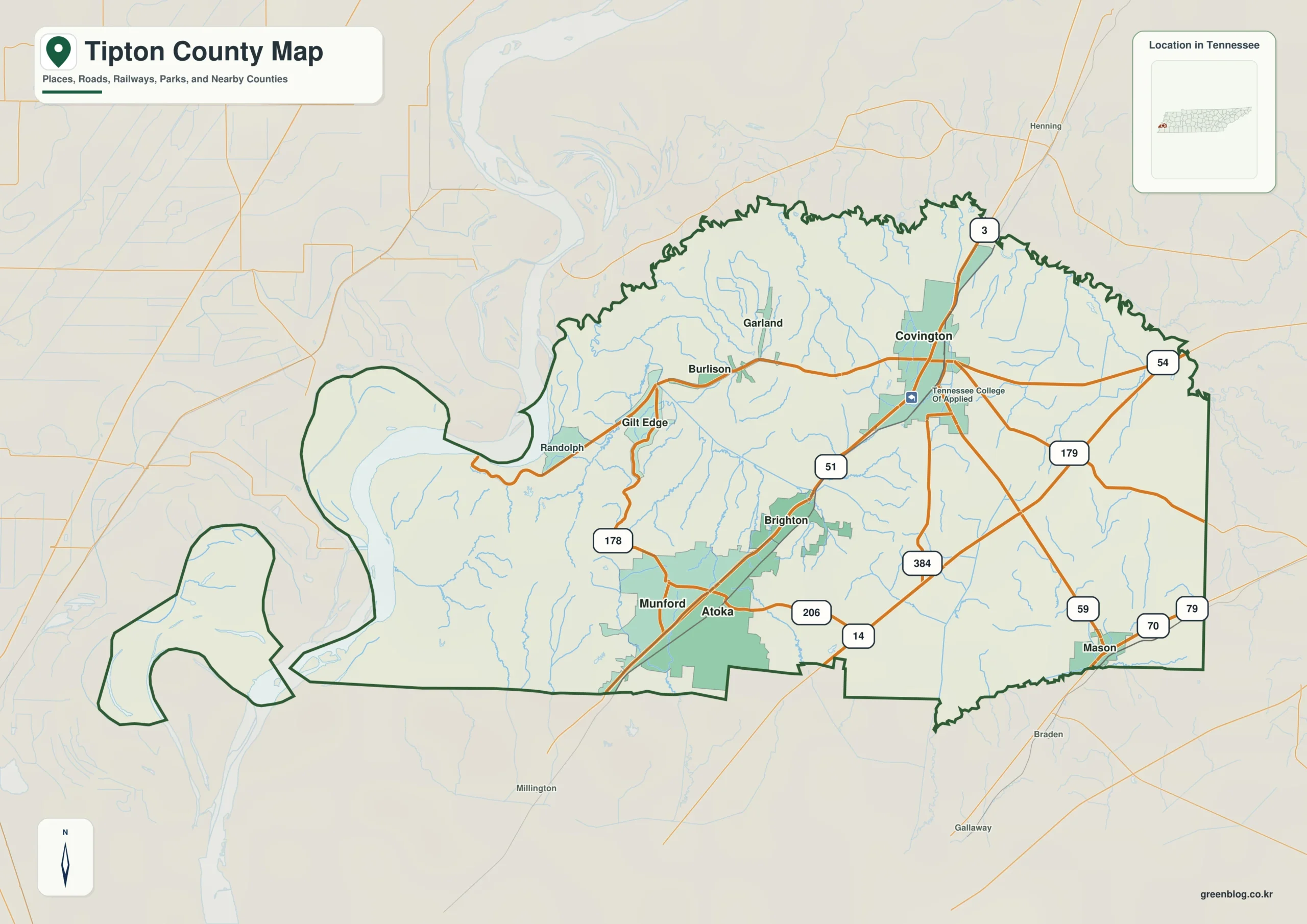 Tipton County Tennessee map showing Covington, selected communities, roads, and natural features