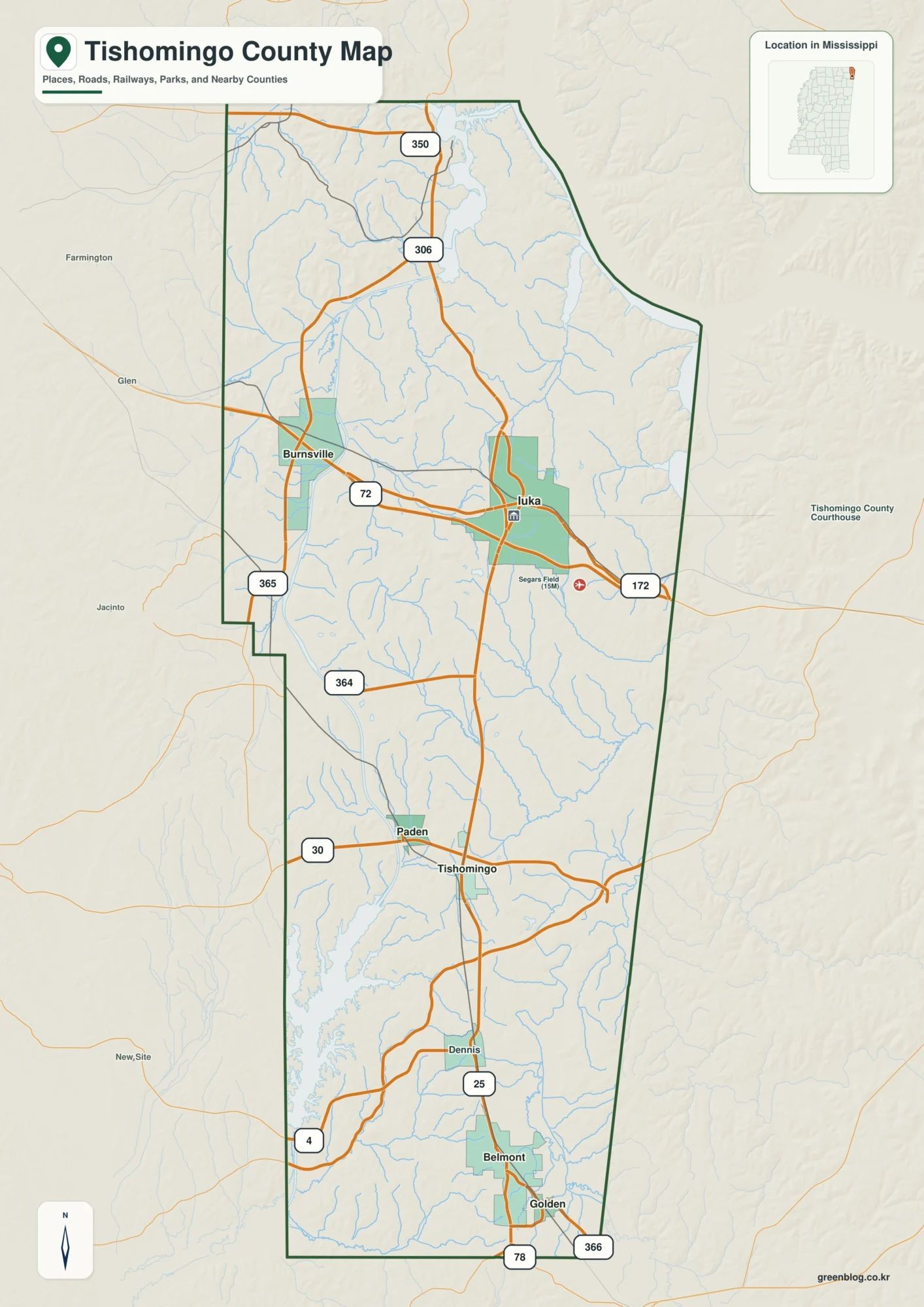 Tishomingo County Mississippi map showing Iuka, selected communities, roads, and landscape features