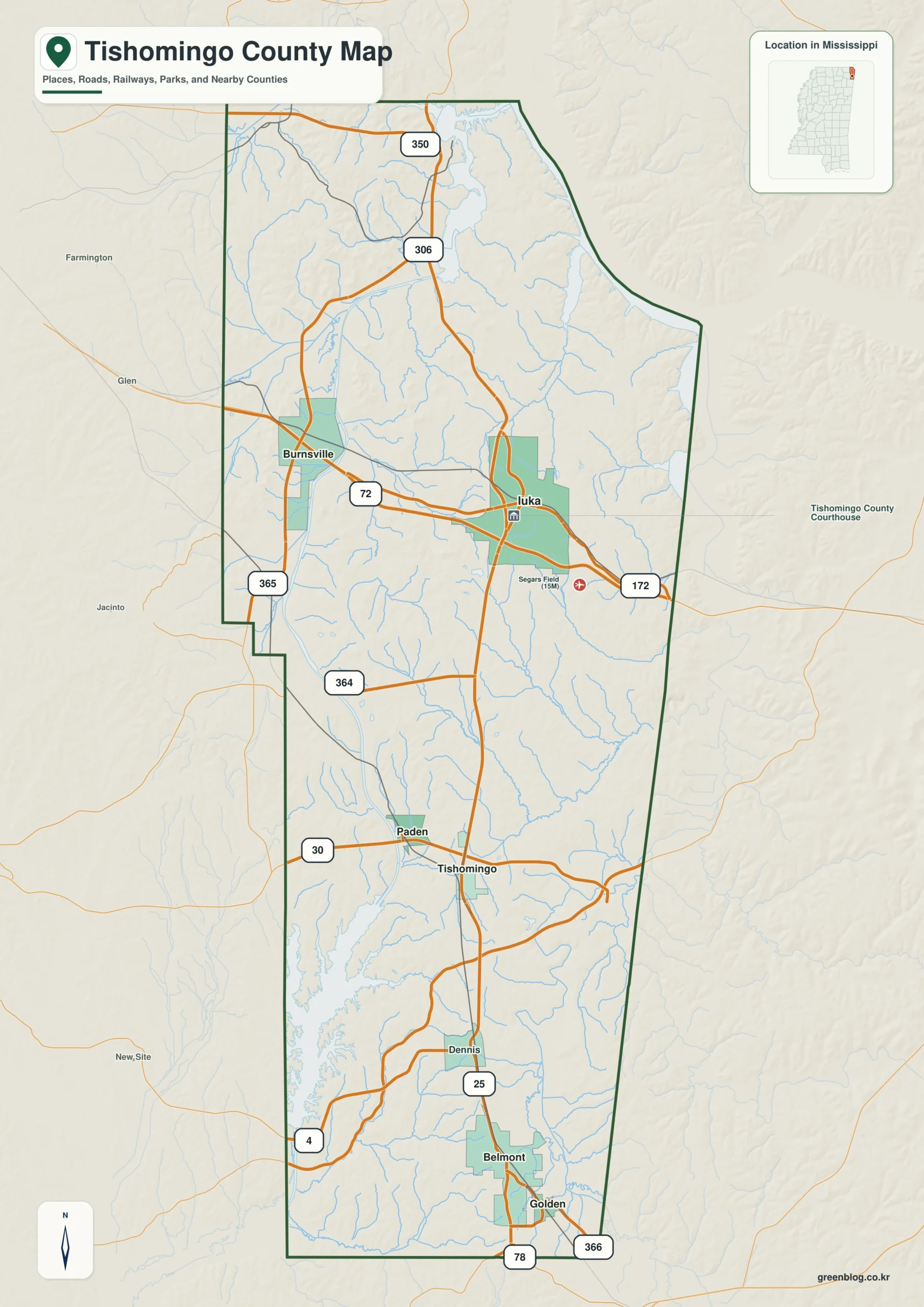 Tishomingo County Mississippi map showing Iuka, selected communities, roads, and landscape features