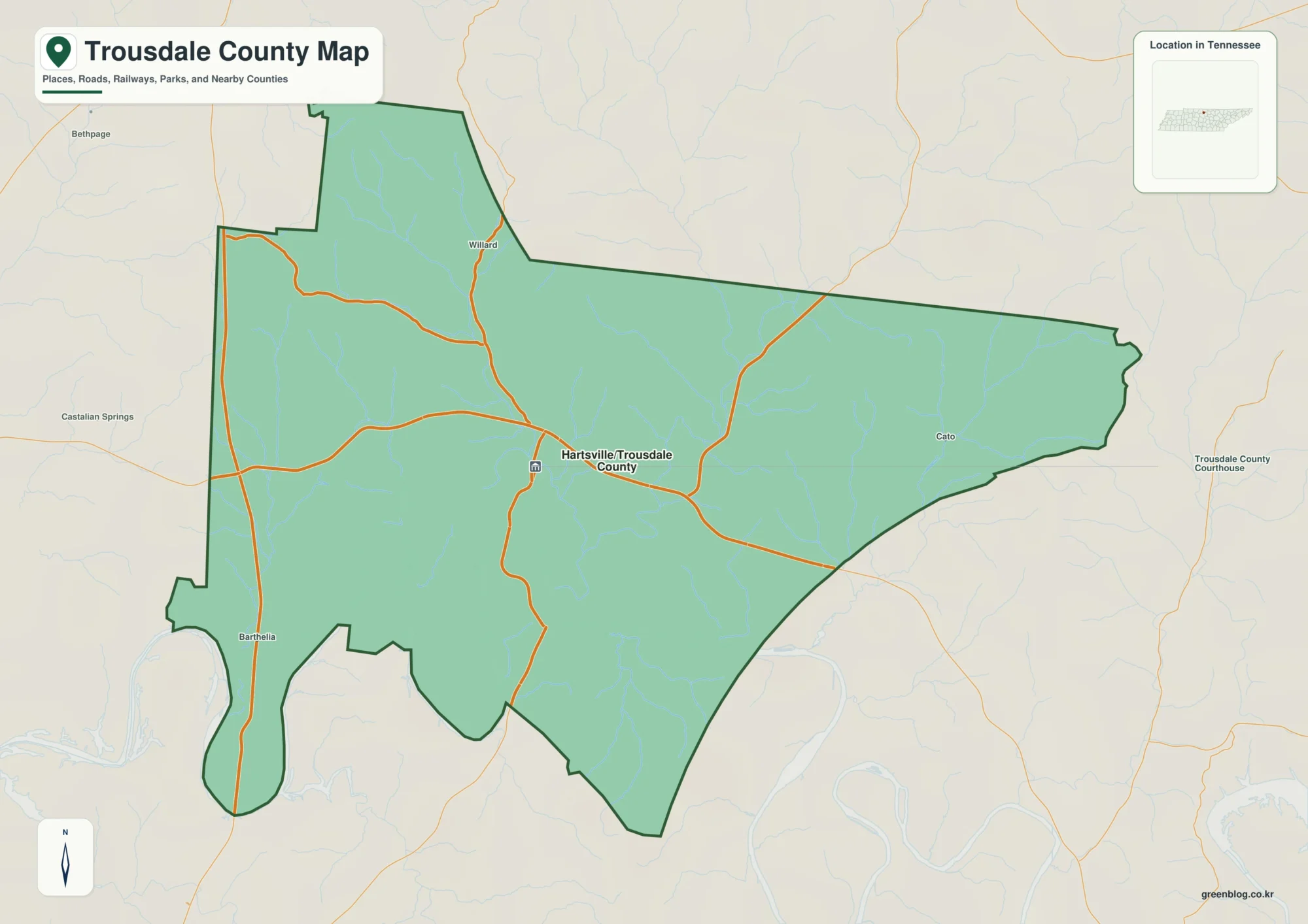 Trousdale County Tennessee map showing Hartsville, selected communities, roads, and natural features